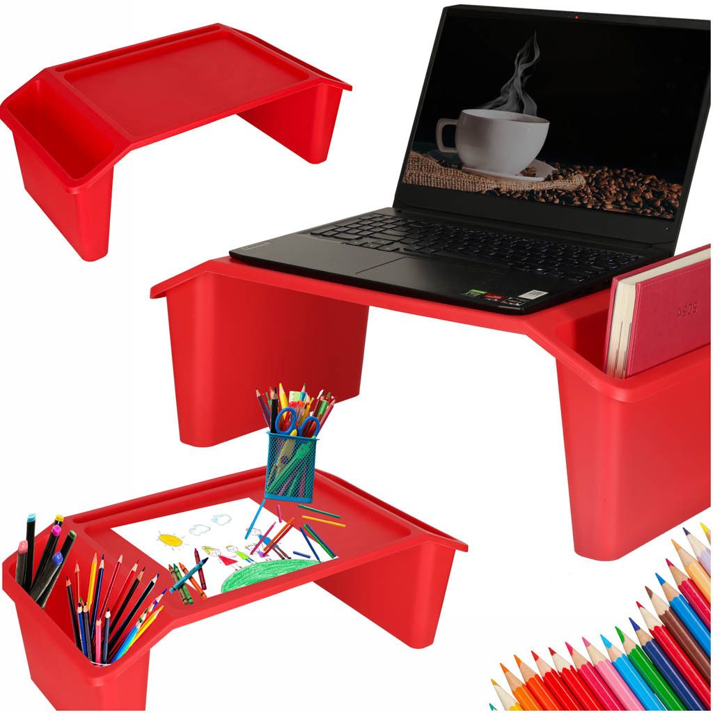 Ikonka Laptop-Ständer Laptop Tisch Organizer Klapptisch Auto Sofa Kinder Rot Kunststoff, (Tragbarer Laptop Tisch Organizer für Sofa Bett Auto Rot, Laptop Tisch Organizer Rot mit Ablagen und Gerätehalterung, Stabile Ablage, Seitenfächer, Gerätehalterung)