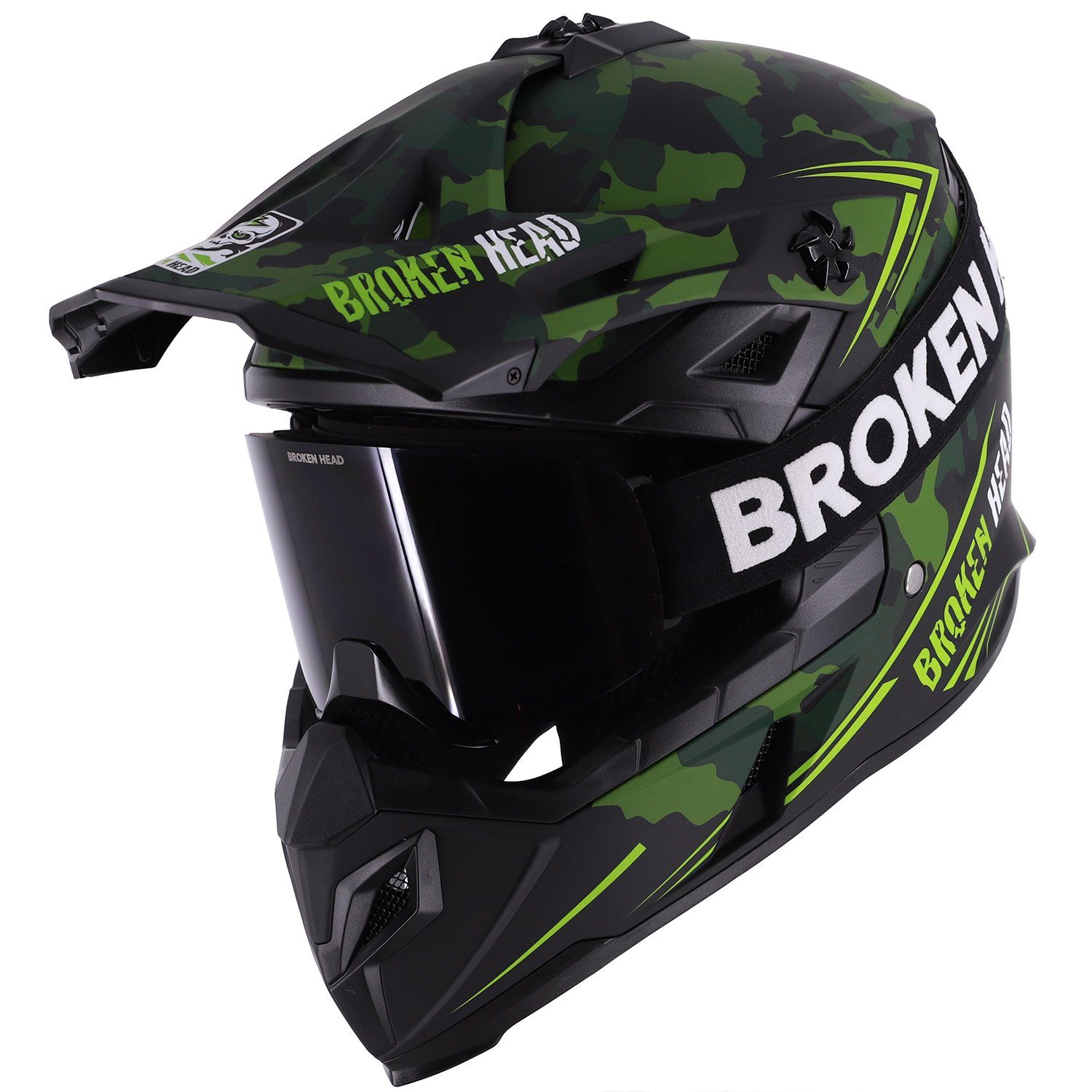 Broken Head Motocrosshelm Squadron Grün (Mit MX-Brille Struggler Schwarz), Zwei Verschlüsse