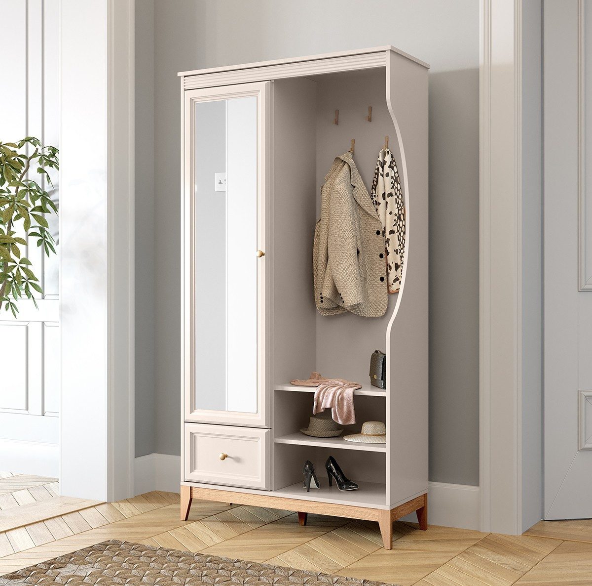 Masseno Garderobenschrank CUNEO 100,1 x 193 cm Flurmöbel mit Spiegel und 1 Tür Kaschmir