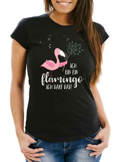 MoonWorks Print-Shirt Damen T-Shirt Flamingo Ich bin ein Flamingo ich darf das Spruch Pusteblume Slim Fit tailliert Baumwolle Moonworks® mit Print