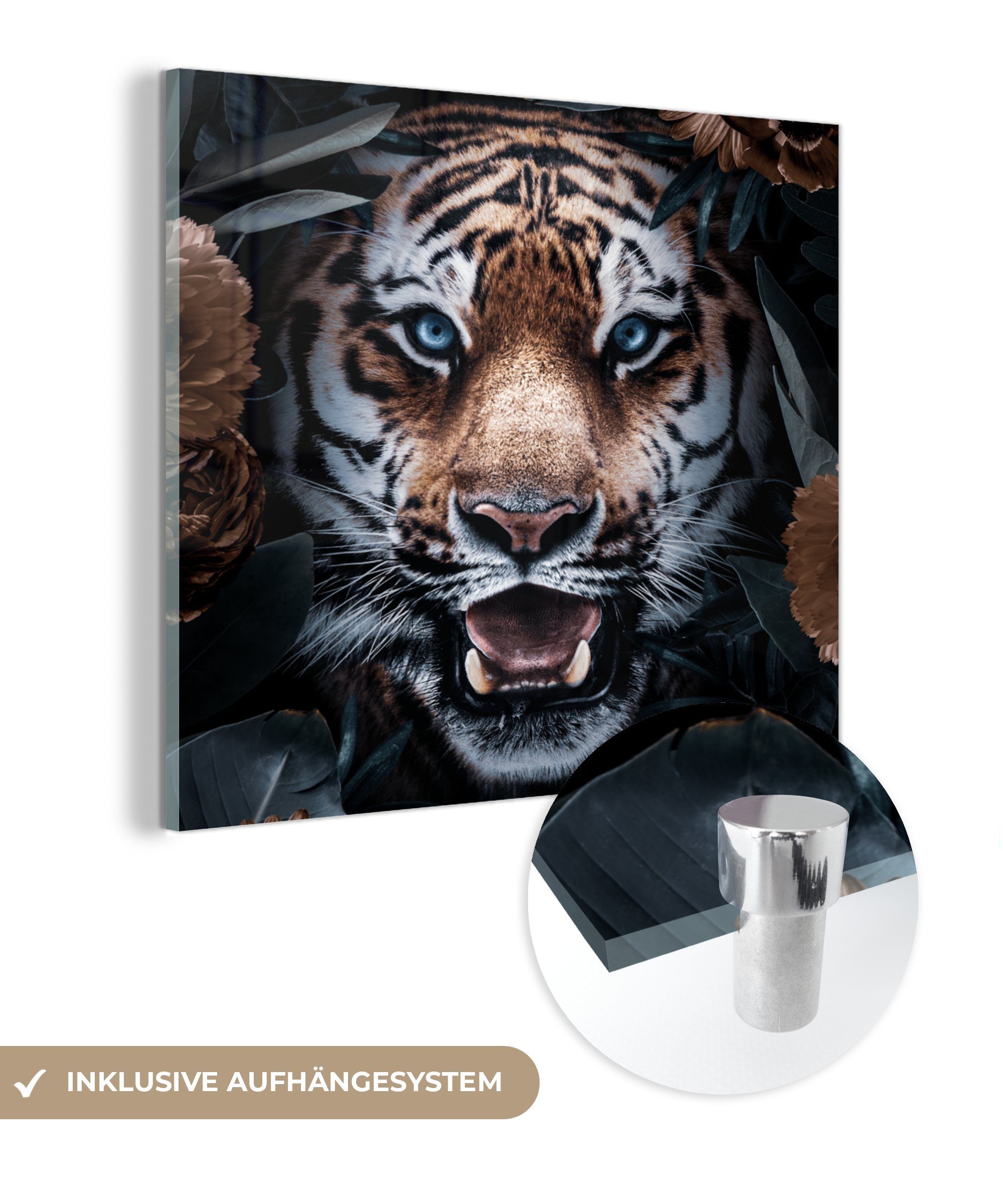 MuchoWow Acrylglasbild Tiger - Blumen - Blatt, (1 St), Glasbilder - Bilder auf Glas Wandbild - Foto auf Glas - Wanddekoration