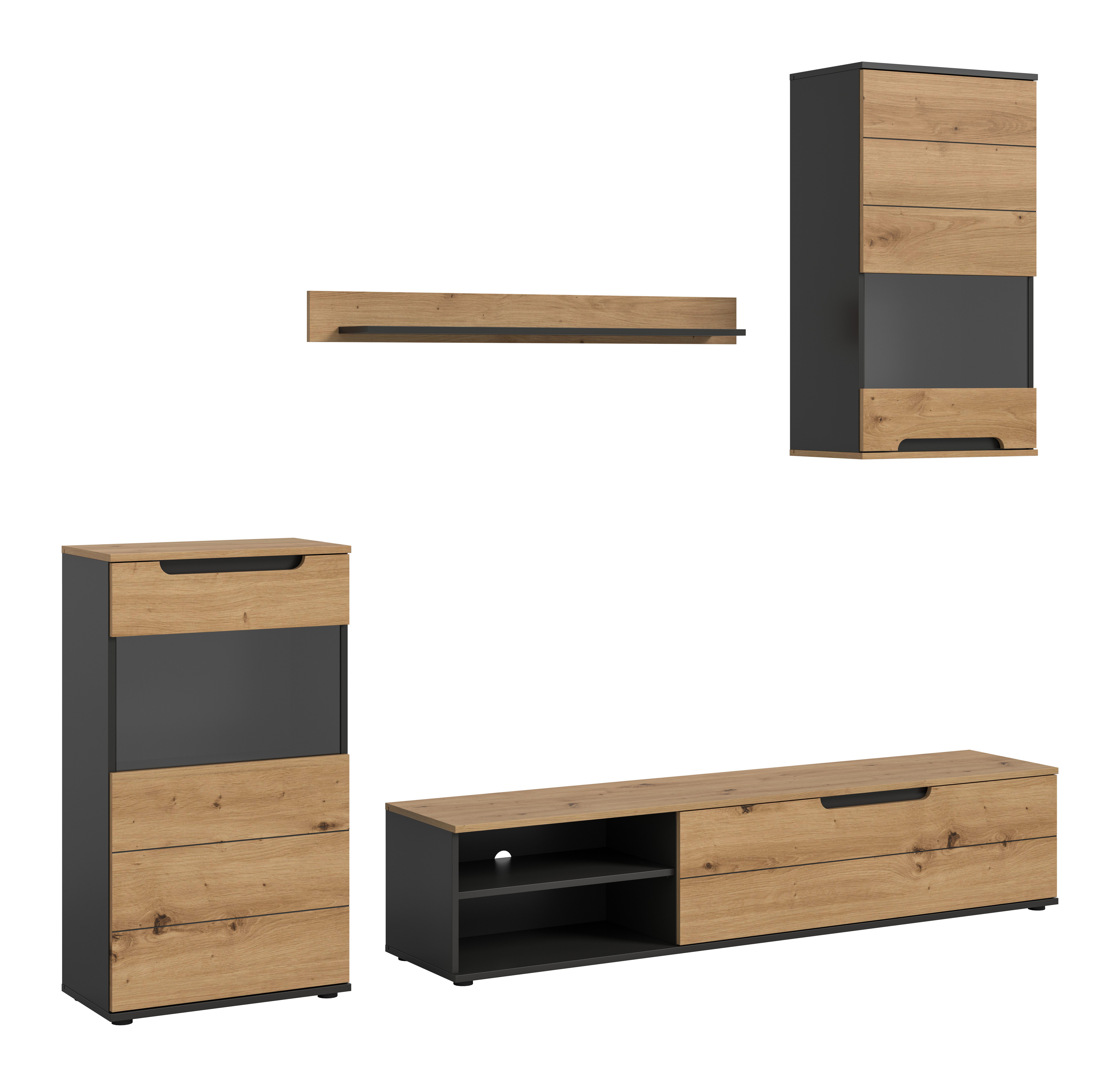 furnling Wohnzimmer-Set Cavik, (4-St., Lowboard, 2x Vitrine, Wandboard), großzügiger Stauraum, pflegeleichte Oberflächen, Breite 246 cm