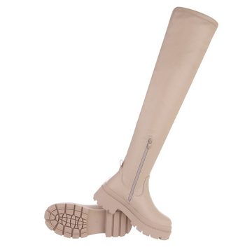 Ital-Design Damen Freizeit Plateaustiefel Blockabsatz Overknees in Beige