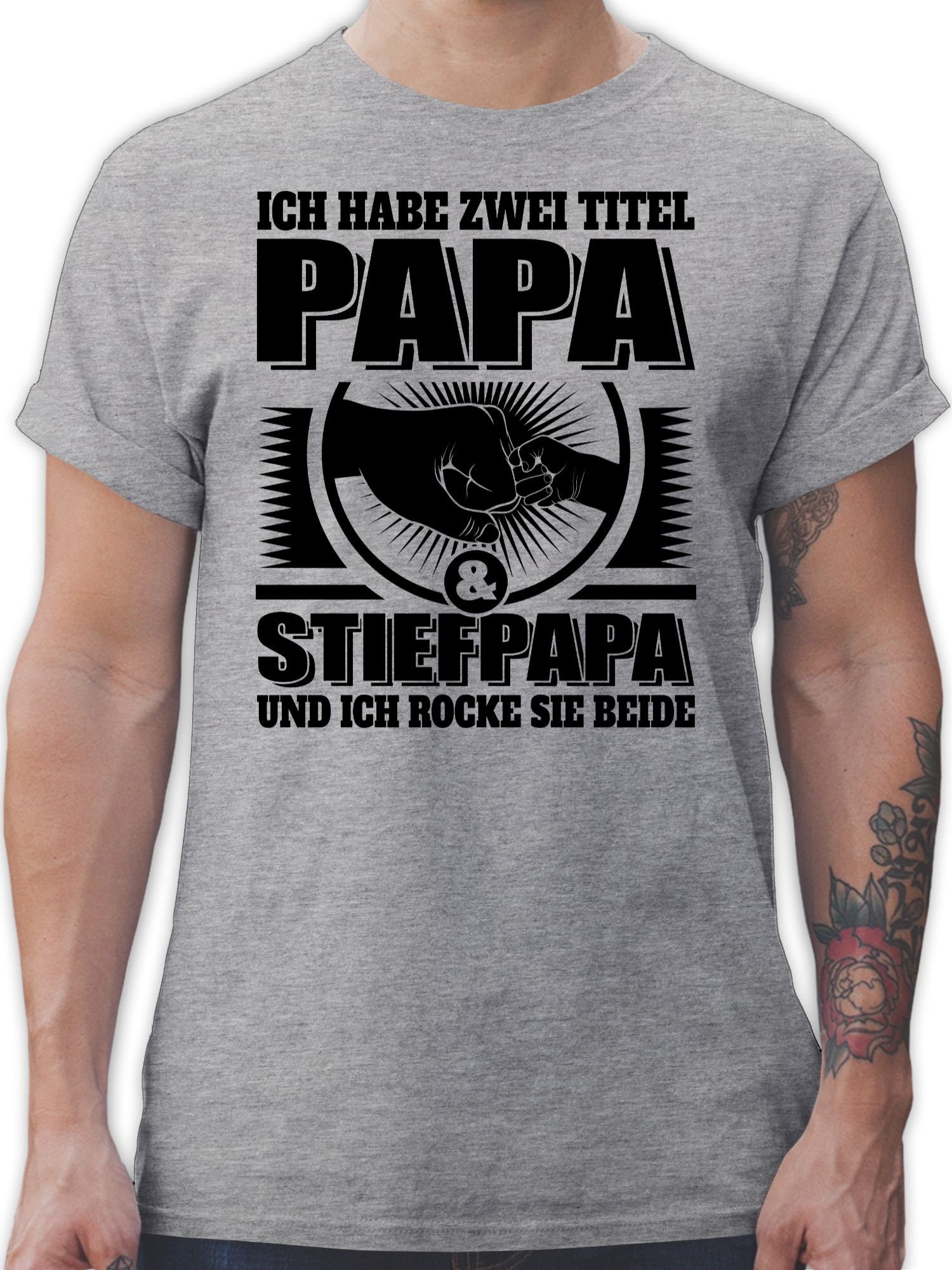 Shirtracer T-Shirt Ich habe zwei Titel - Papa und Stiefpapa und ich rocke sie beide - sch Vatertag Geschenk für Papa 02 Grau meliert