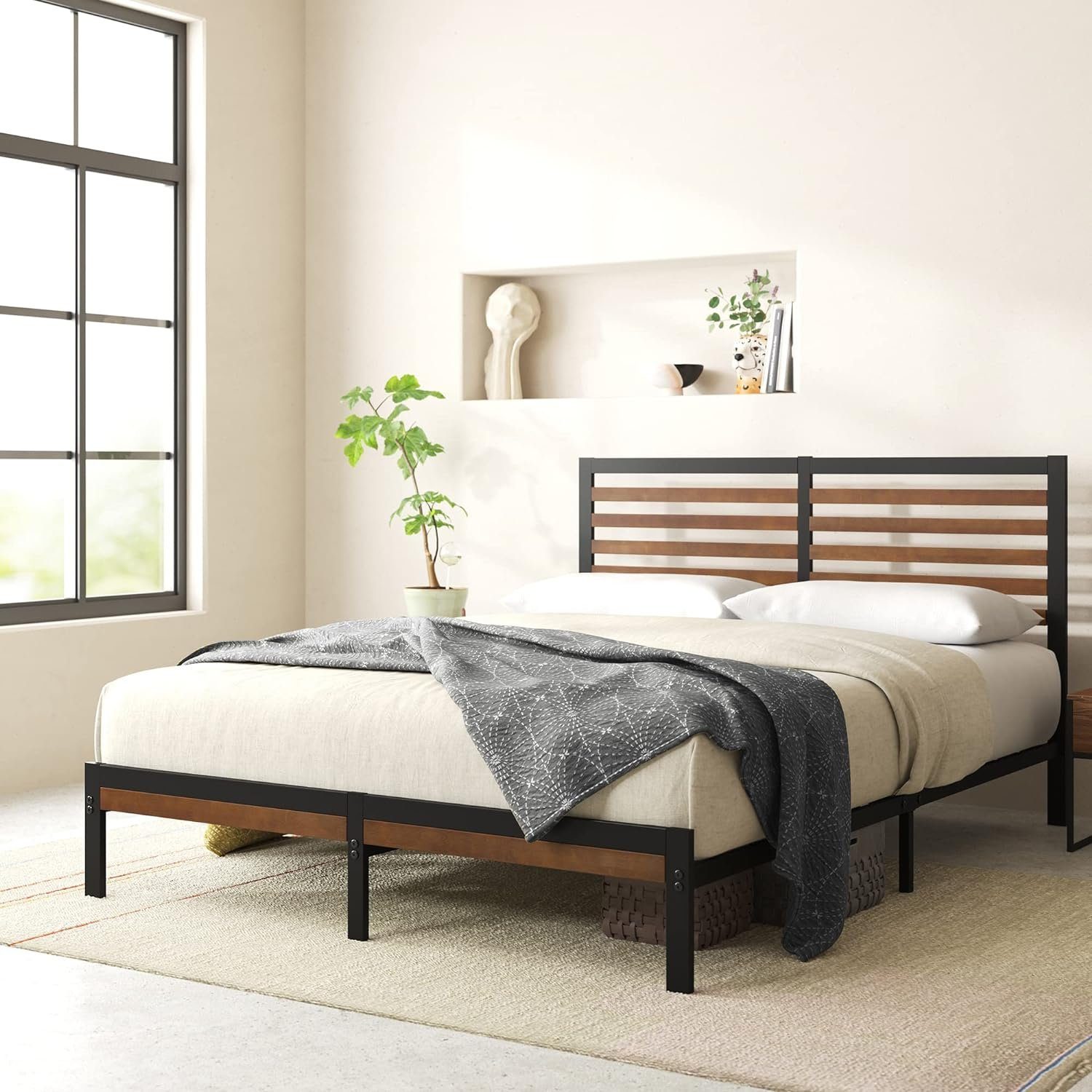 ZINUS Bettgestell Kai mit Bambus und Metall Kopfteil (Packung, Holzbett, Schwarz, 100x200 cm), Nachhaltig, inklusive Lattenrost, mit oder ohne Matratze