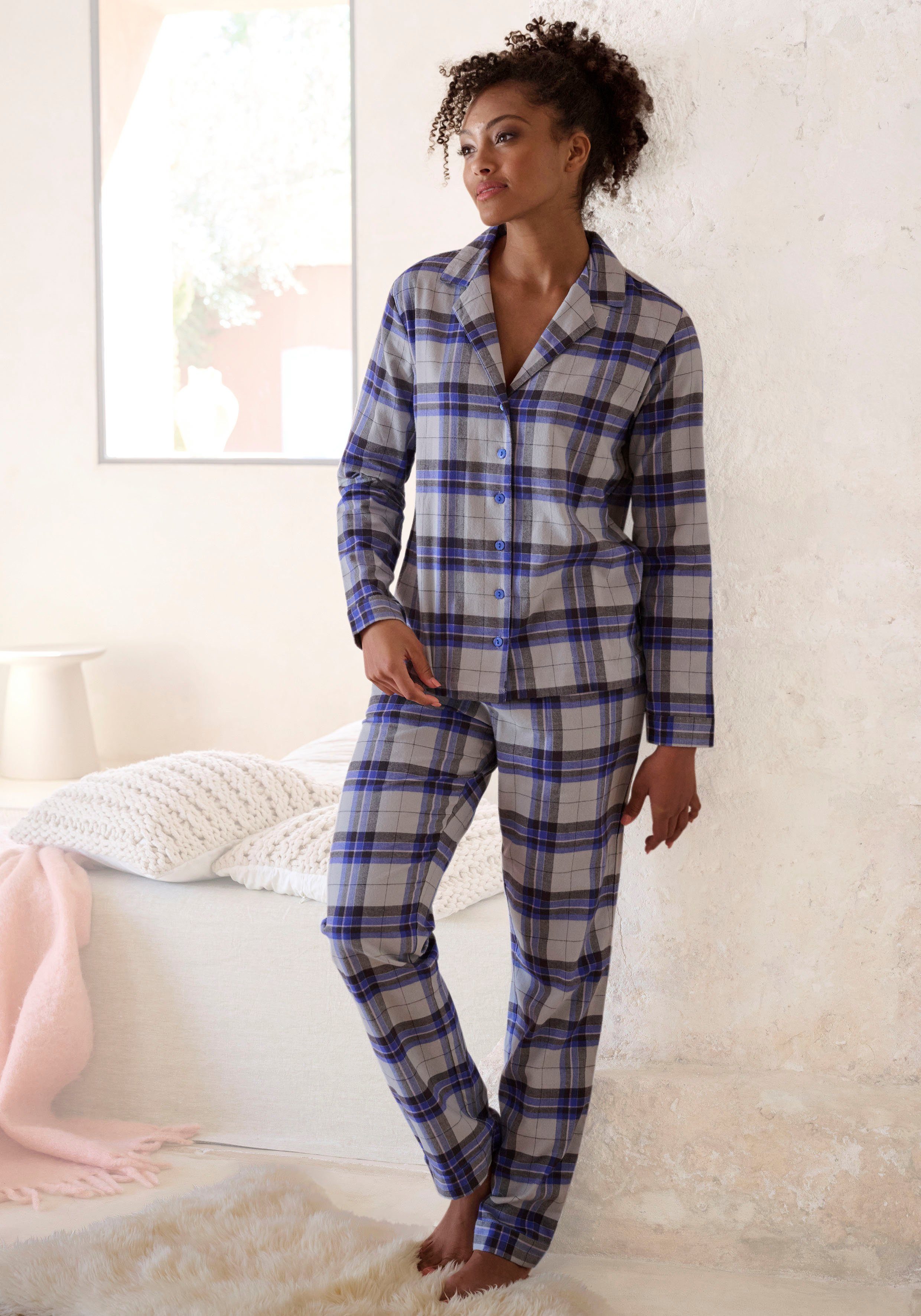 Vivance Dreams Pyjama (2 tlg) aus kuschelig weichem Flanell blau