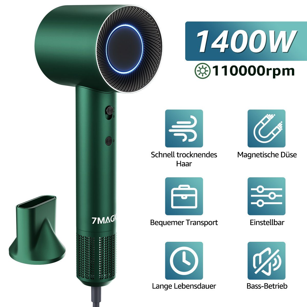 7MAGIC Haartrockner 110.000 U/min Bürstenloser Motor, Innovativer Mikrofilter, 1400,00 W, Ionic Haartrockner mit 100 Millionen Negativen Ionen, 23m/s Starke Windleistung, Überhitzungsschutz, für Haus & Reisen
