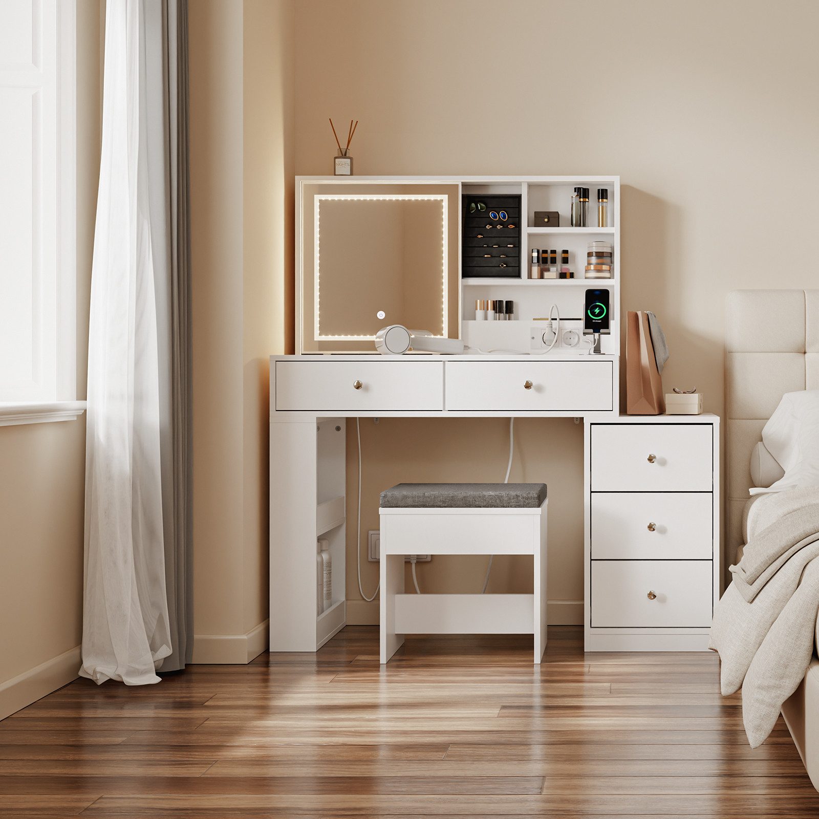 SoBuy Schminktisch FWT114-E, Kosmetiktisch mit LED-Beleuchtung, Ladestation und Hocker (1 Tisch mit 1 Hocker), Schminktisch mit Schiebespiegel, 3 einstellbaren Lichtfarben