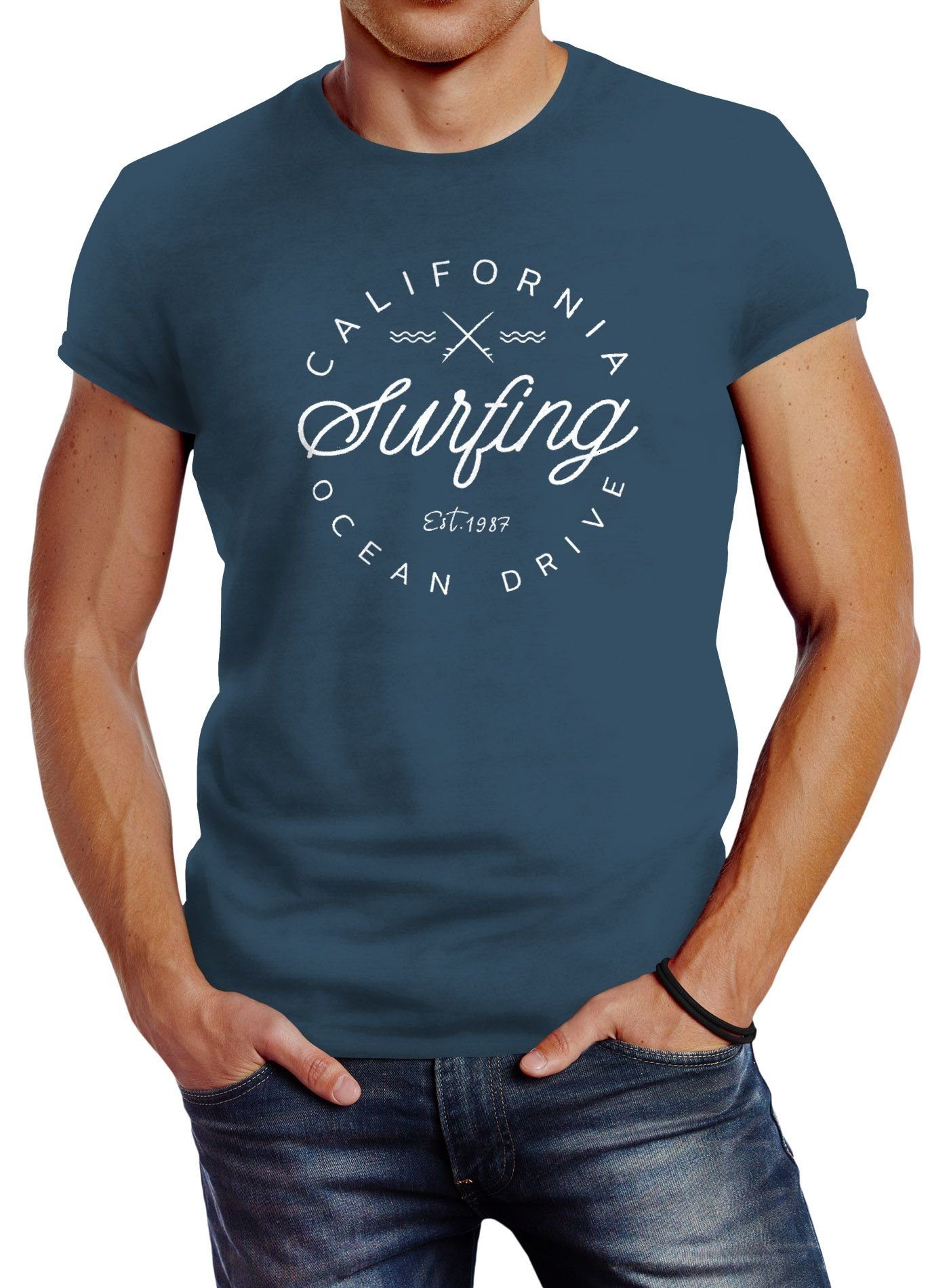 Neverless Print-Shirt Herren T-Shirt California Surfing Ocean Drive Summer Slim Fit Neverless® mit Print blau