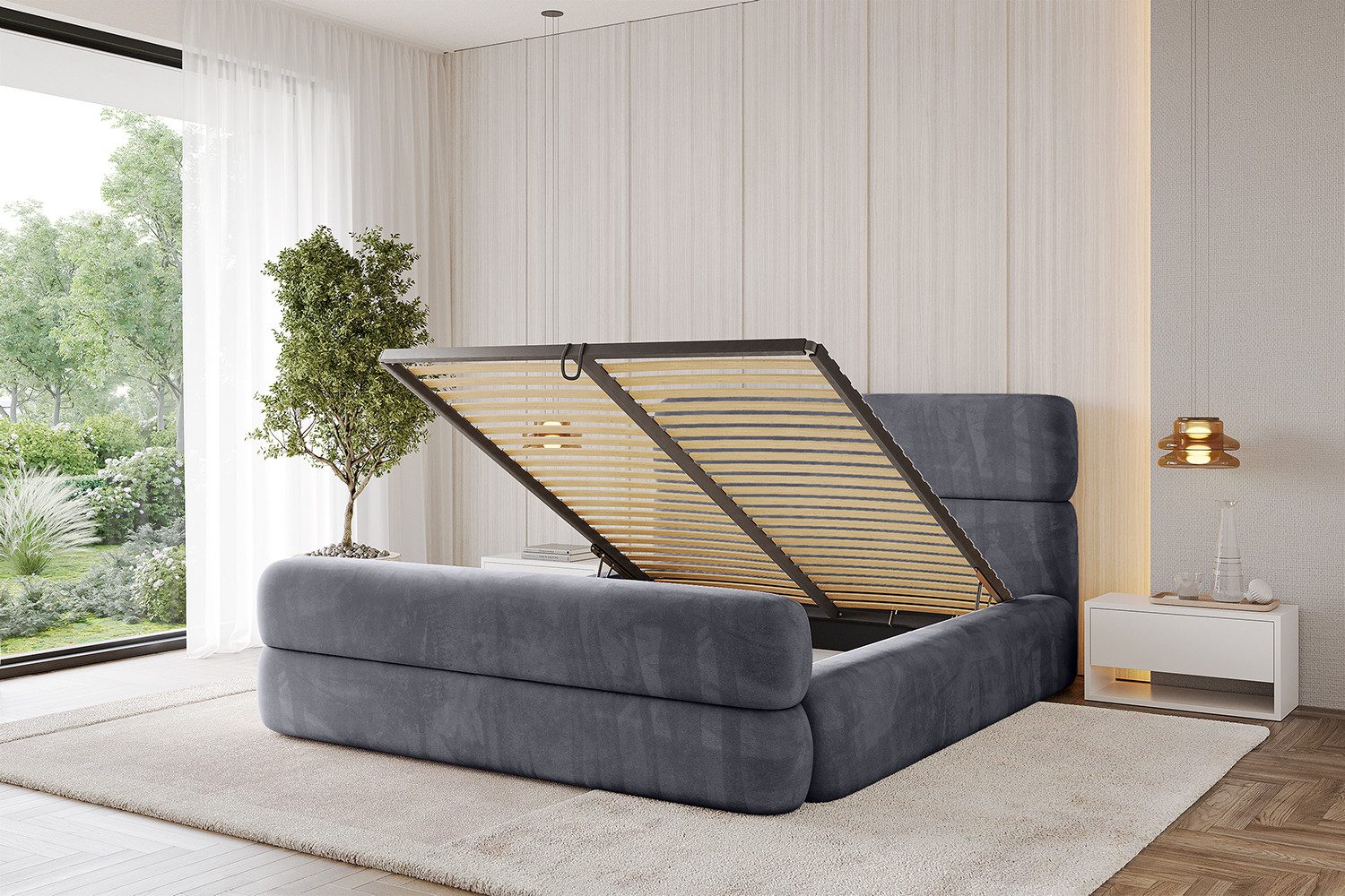 ALTDECOR Polsterbett ENORA-Z (Polsterbett mit Bettkasten und Lattenrost, Boxbett ohne Matratze), Doppelbett mit Stauraum, Bett mit Kopfteil