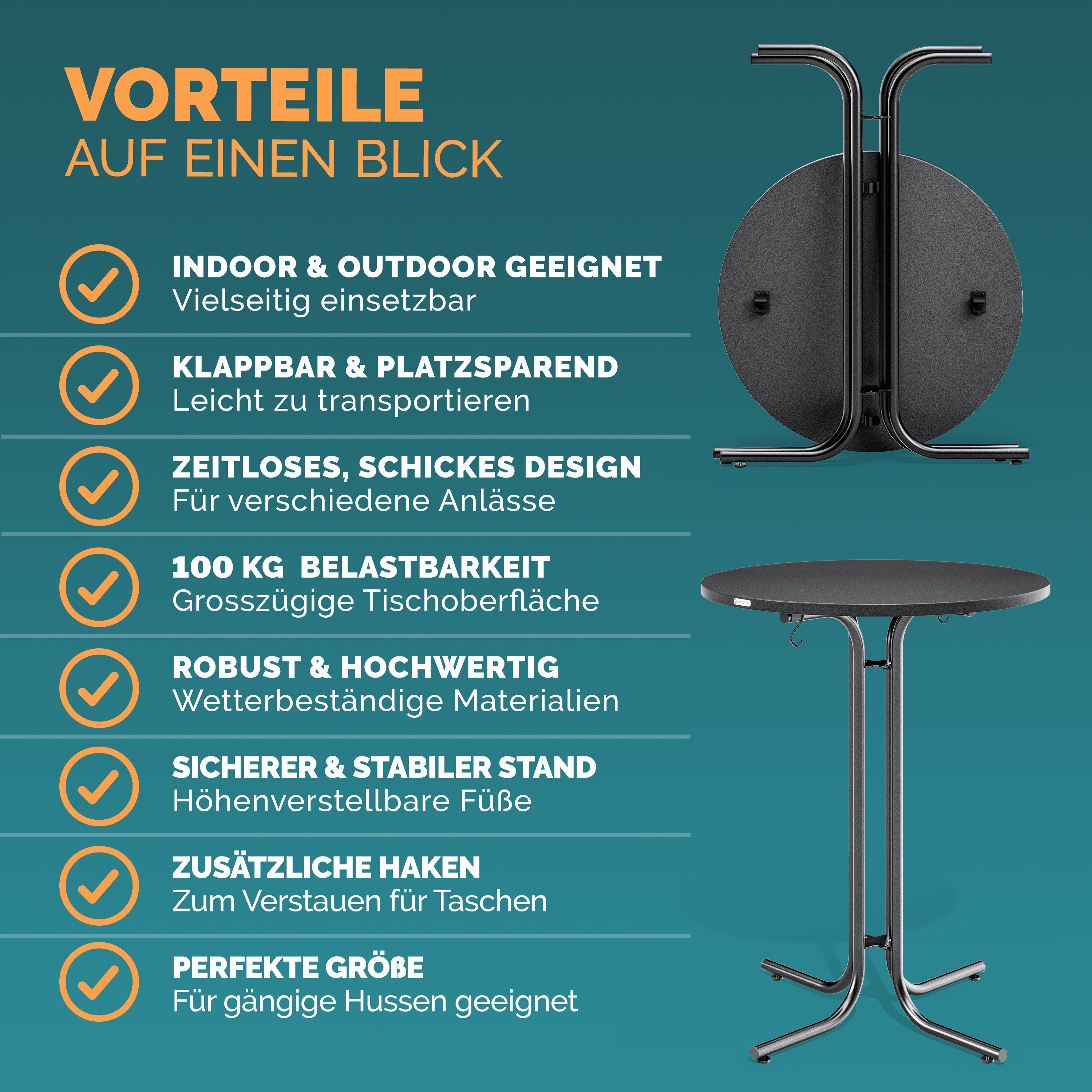 Holz Ø70x110 grau klappbar rund Partytisch Casaria Stehtisch, Metall Hochtisch Garten cm