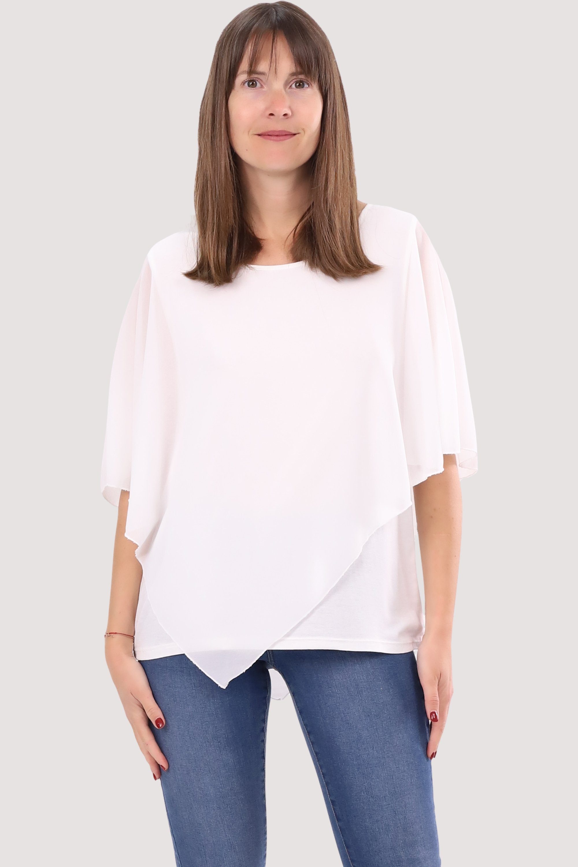 malito more than fashion Chiffonbluse 10732 Schlupfbluse Blusenshirt asymmetrisch geschnitten Einheitsgröße weiß