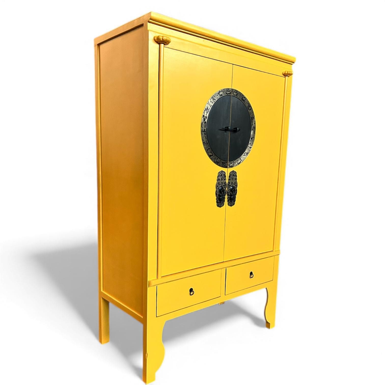 OPIUM OUTLET Kleiderschrank Asia Hochzeitsschrank Schrank Kommode Hochkommode (Breite 105 cm, Tiefe 55 cm, Höhe 175 cm, Möbel sonnen-gelb komplett montiert) chinesisch asiatisch orientalisch Vintage-Stil