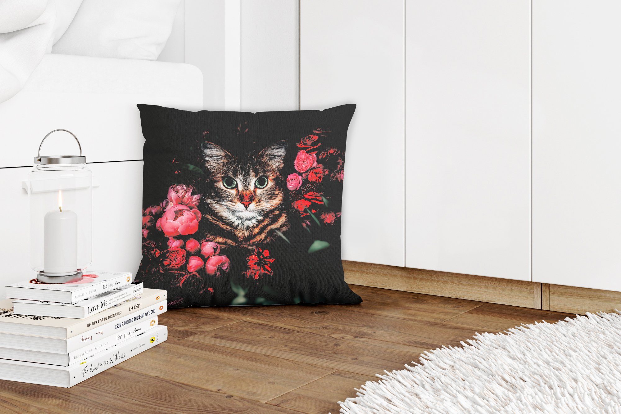 MuchoWow Dekokissen Katze Tiere Sofakissen - Füllung Botanisch, Schlafzimmer, Deko, für mit - - Zierkissen Blumen Wohzimmer
