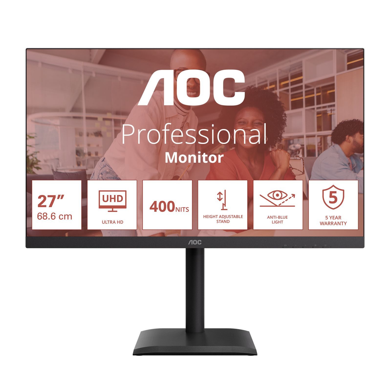 AOC AOC 68,6cm (27) U27E4CV 16:09 2xHDMI+DP+USB-C Lift Spk. bl TFT-Monitor (3840 x 2160 px, 4K Ultra HD, 4 ms Reaktionszeit, 60 Hz, IPS, Lautsprecher, HDCP, Kopfhörerbuchse, Pivot, Höhenverstellbar)