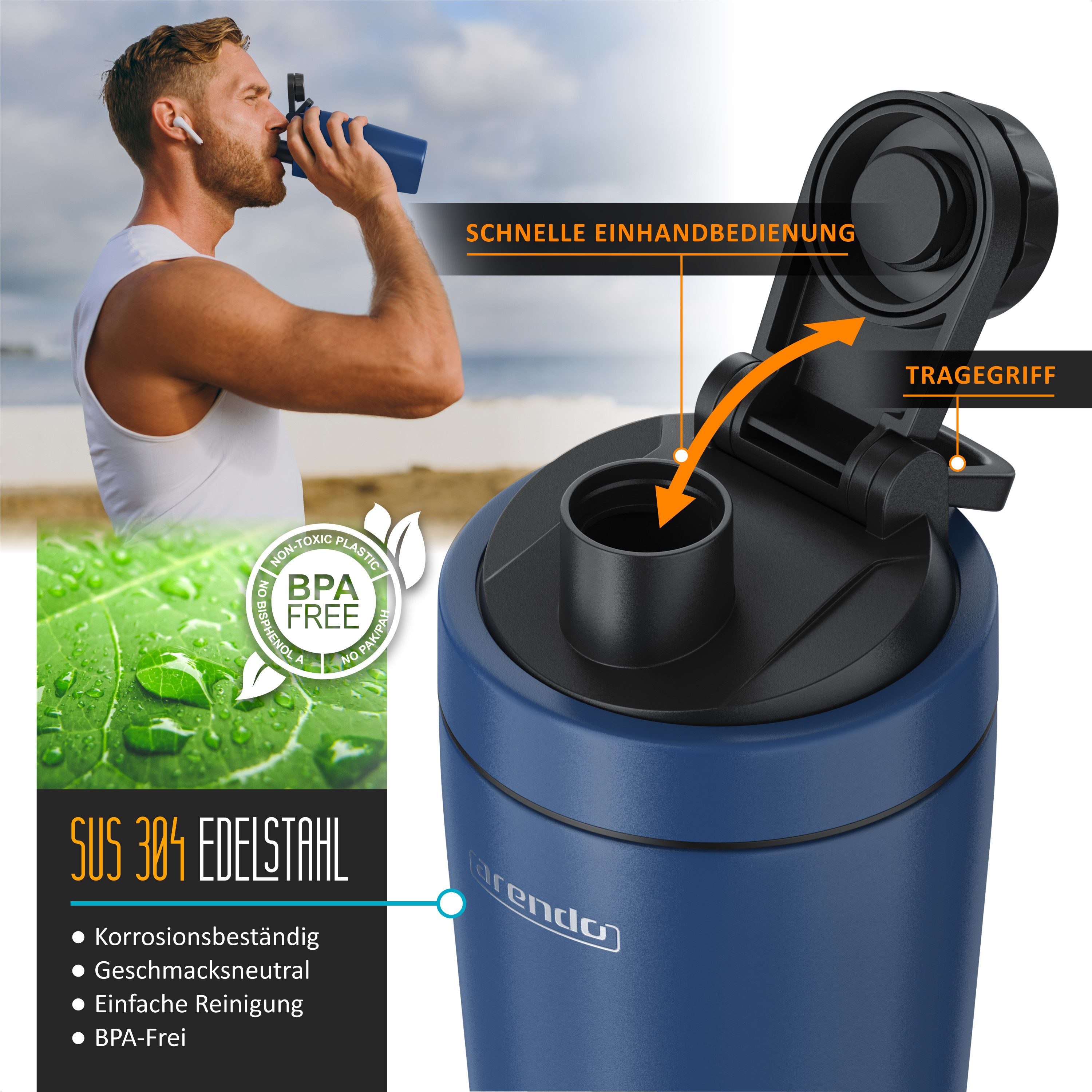 Arendo Protein Shaker Edelstahl Eiweißshaker 500 ml, dunkelblau, verschließbar, BPA-frei, Edelstahl, (1-tlg), auslaufsicher, spülmaschinengeeignet, mit Tragegri – Bild 3 von 5