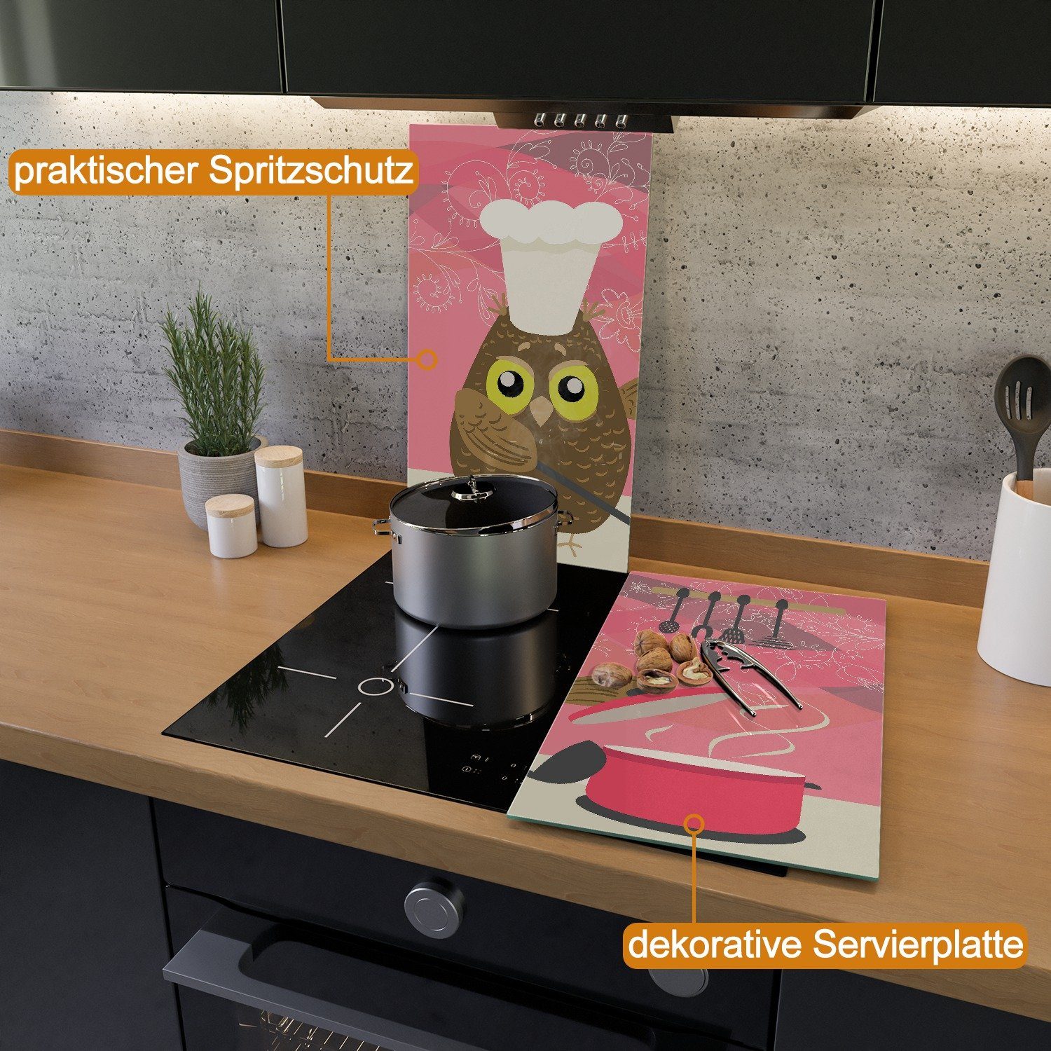 Wallario Herd-Abdeckplatte Lustige Eule beim Kochen mit Kochmütze, ESG-Sicherheitsglas, (Glasplatte, 2 tlg., inkl. 5mm Noppen), verschiedene Größen