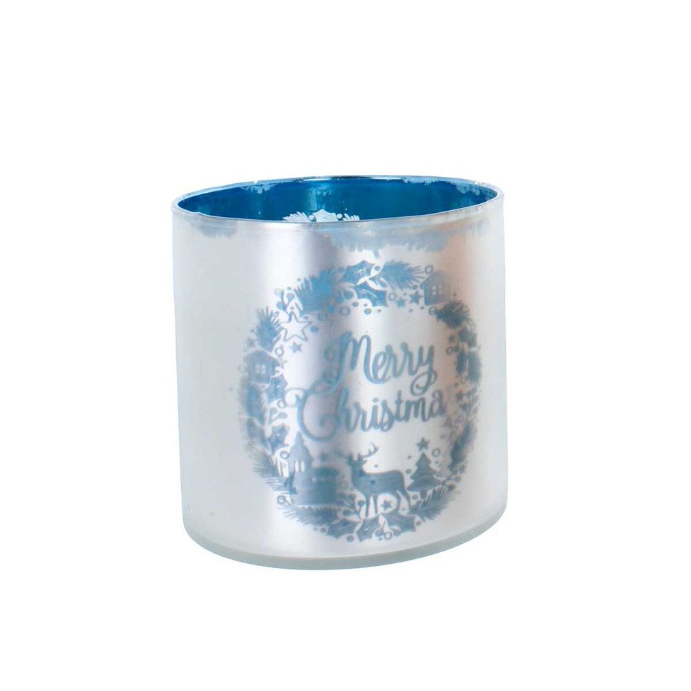 MICA Windlicht Windlicht - Frohe Weihnachten - silber/blau - ca. 10 x 10 cm