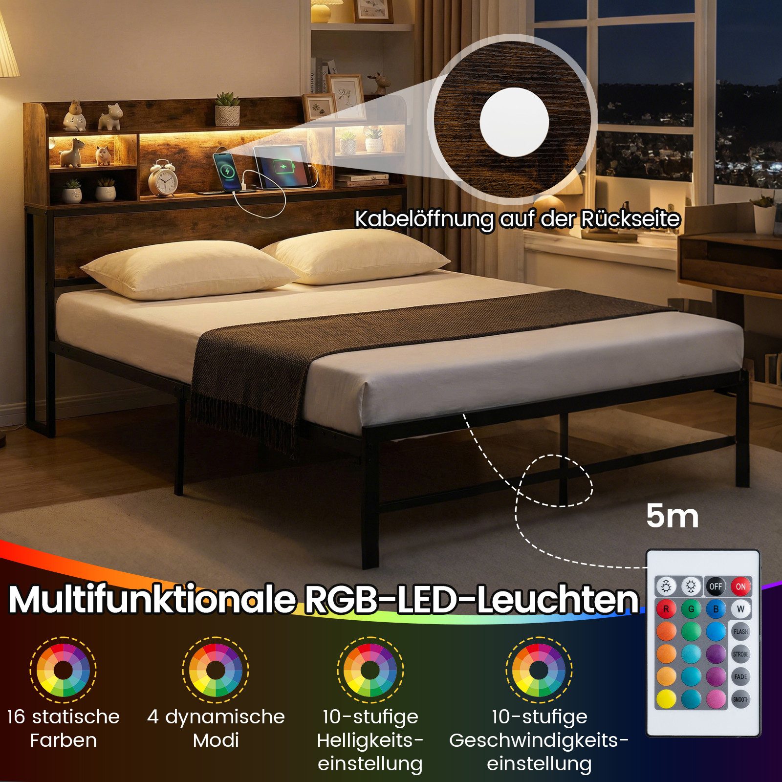 COSTWAY Bettgestell (1-tlg), Doppelbett mit LED, Ladestation, Kopfteil, 140x200cm