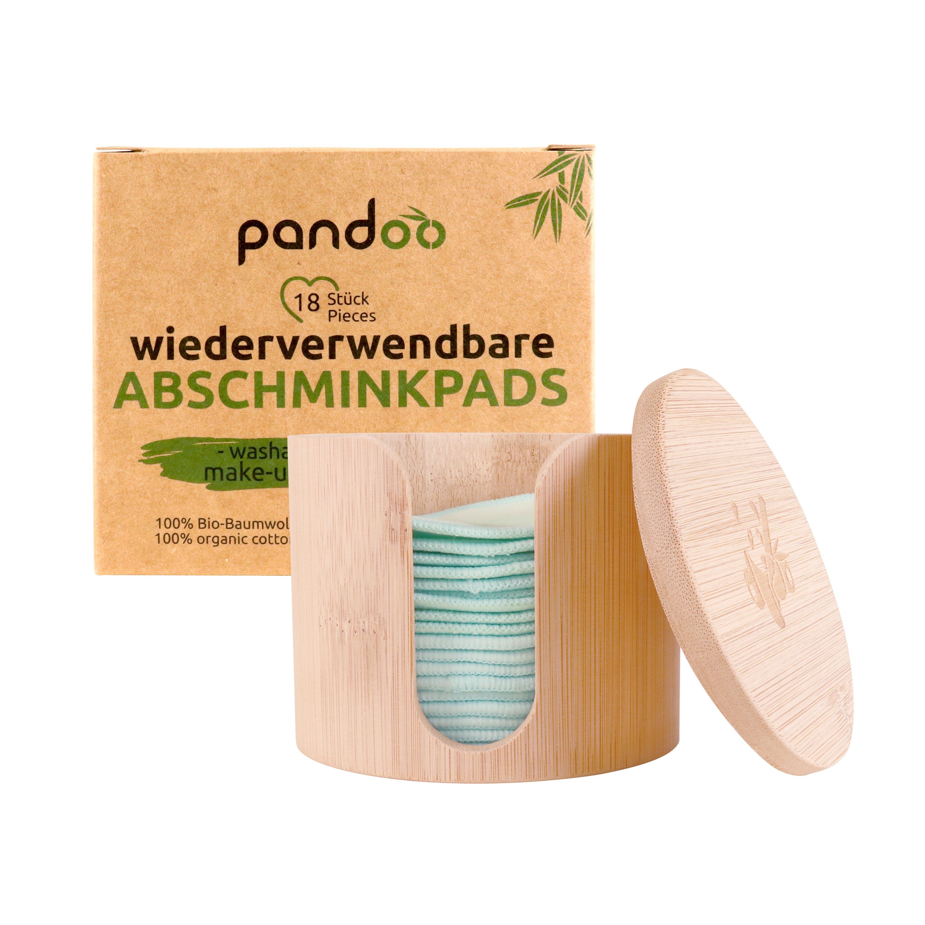 pandoo Abschminkschwamm 18 wiederverwendbare Abschminkpads, inkl Aufbewahrungsbox aus Bambus, 100% Bio Baumwolle