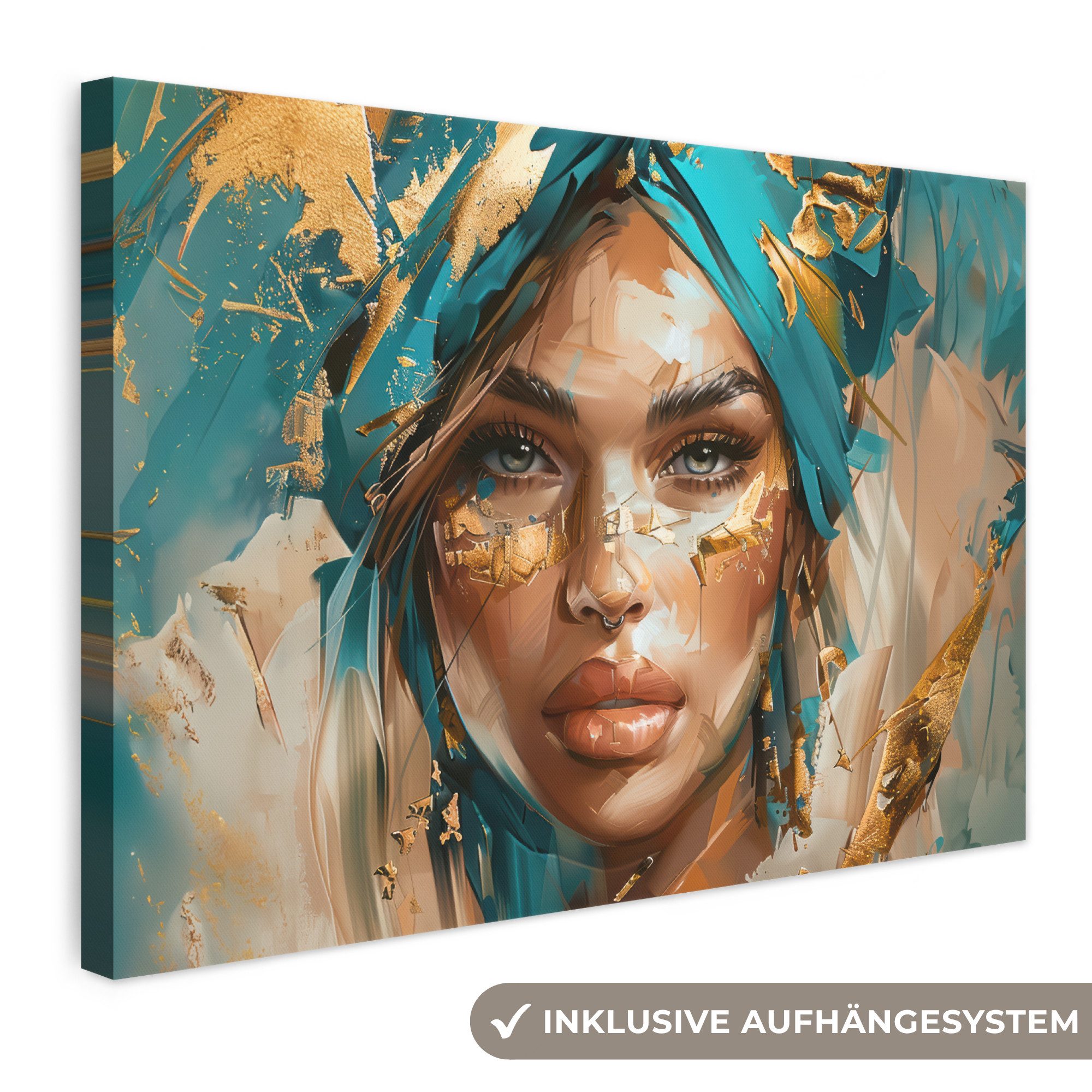 OneMillionCanvasses® Leinwandbild Frau - Porträt - Gold - Luxus - Blau, Fotodruck (1 St), Leinwand Bilder Klein, Wand Dekoration Aesthetic 30x20 cm