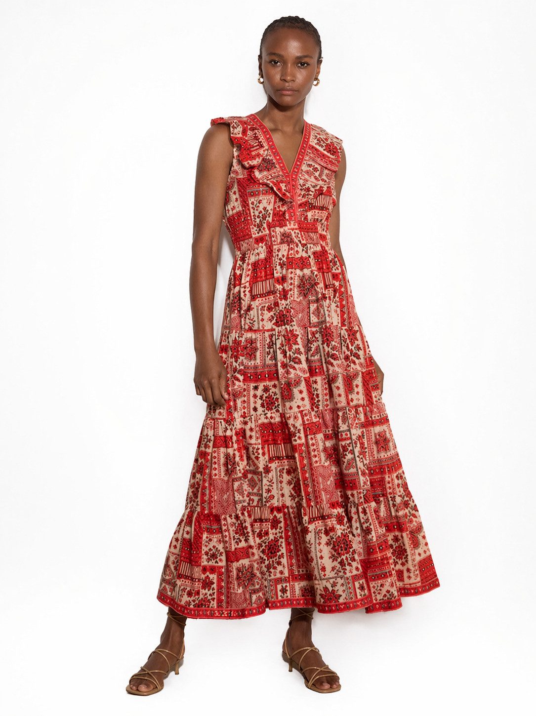 Apricot Druckkleid Schimmerndes Midaxi-Kleid mit Schalsprint und Stufen