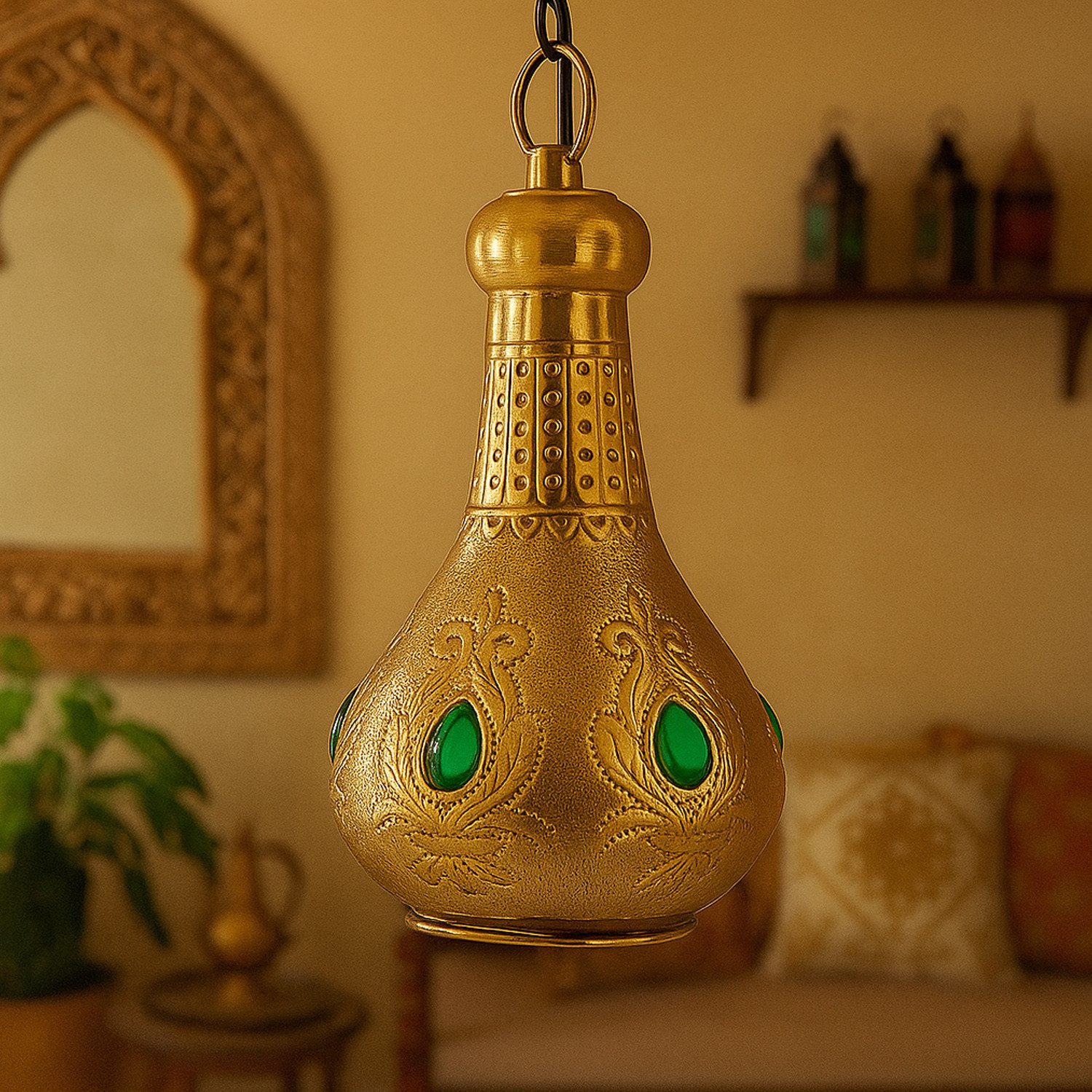 Marrakesch Orient & Mediterran Interior Pendelleuchte Marokkanische Deckenlampe Akif handgefertigt aus Messing in Gold 30 cm, ohne Leuchtmittel, Handarbeit