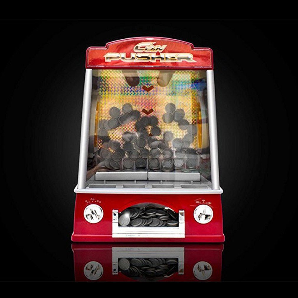 Goods+Gadgets Spiel Münzschieber-Spielautomat – Arcade-Spiel mit Ton, Licht und 100 Münzen, Coin-Pusher Geldspielautomat, Glückspiel-Automat