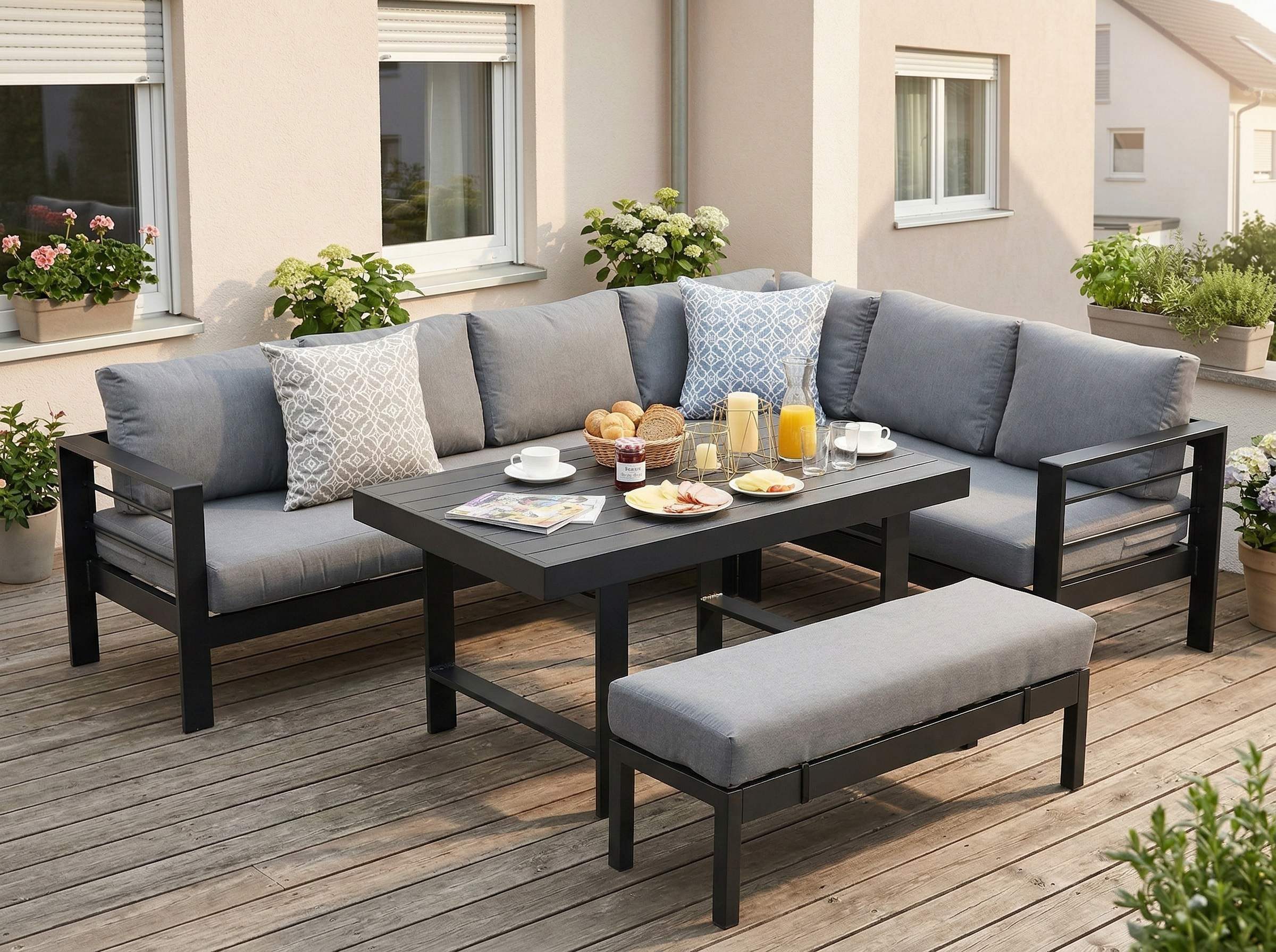 MeXo Gartenlounge-Set XXL Gartenmöbel Set Aluminium für 6-8 Personen, (Dining Loungeset Outdoor, 5-tlg., mit 12 cm dicken Sitzkissen, pflegeleichte Polywood-Tischplatte), wetterfeste Ecklounge mit Esstisch