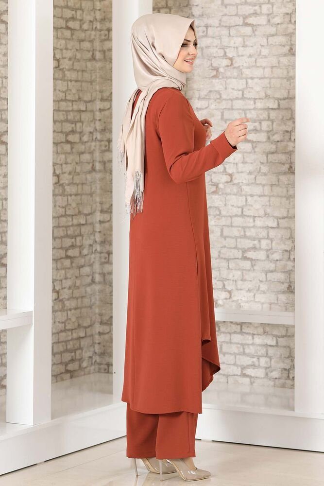 voll Kleidung Longtunika Tunika bedeckt Ziegelstein-Rot mit Anzug Zweiteiler lange Hijab Hose Damen Modavitrini
