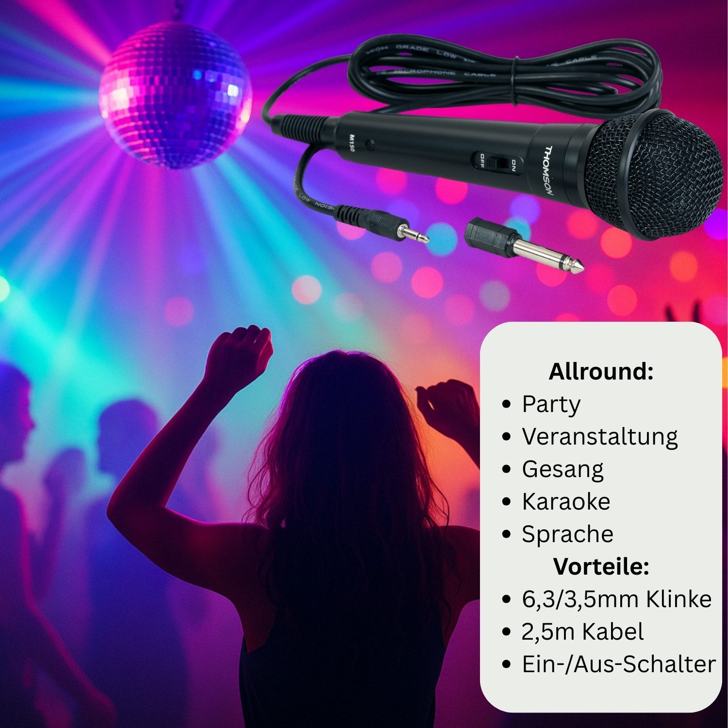Thomson Mikrofon Dynamisches Mikrofon M150 kabelgebunden Schwarz (Set), 2,5m Kabel Party Veranstaltung DJ Mix Karaoke 3,5mm 6,35mm Stecker