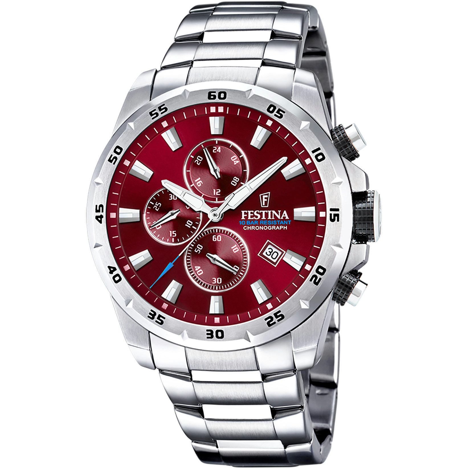 Festina Chronograph Herrenuhr F20463-5 Burgunderrot Edelstahlband 45 mm