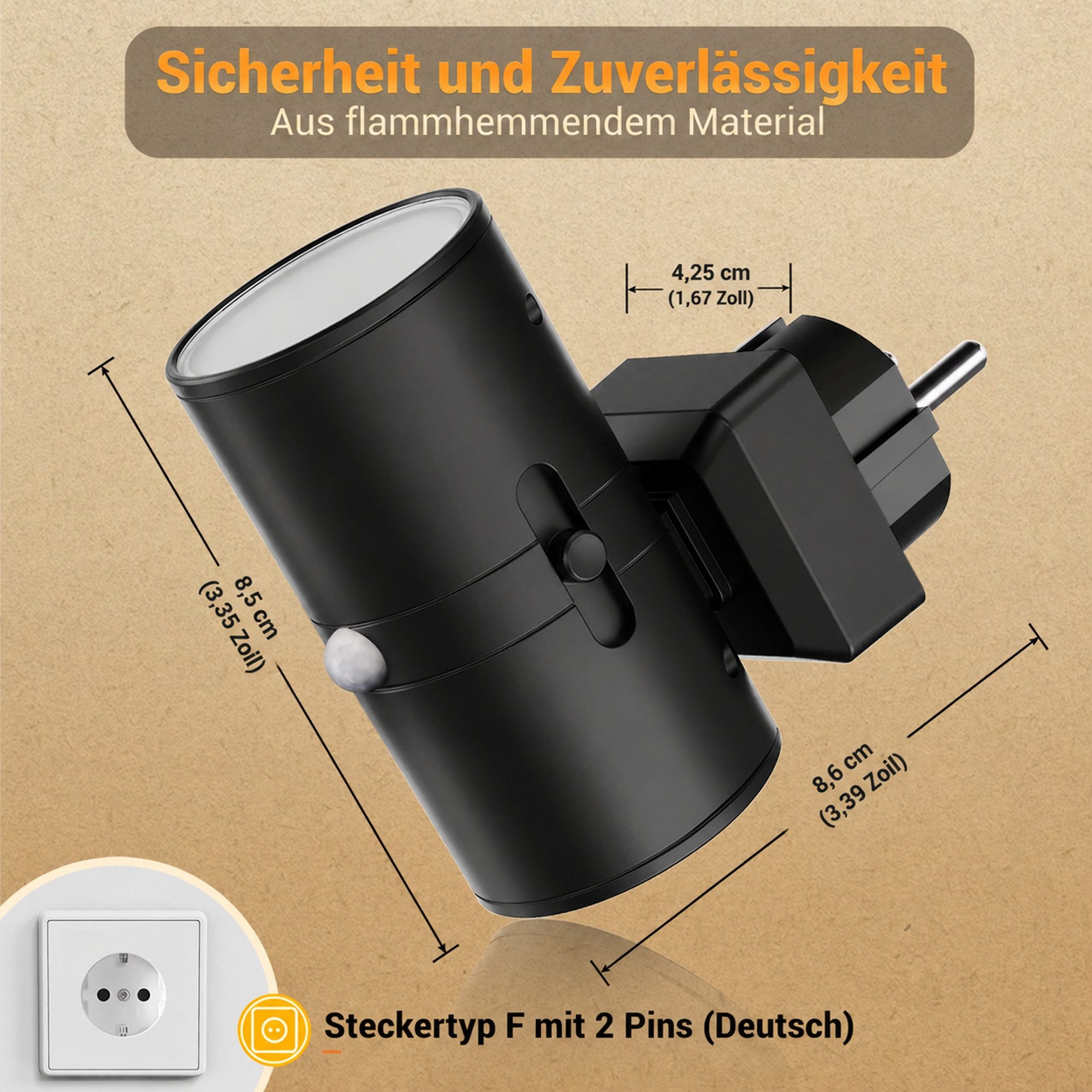 LOHAS-LED LED Nachtlicht Zylinder Steckdose mit Bewegungsmelder, LED fest integriert, Warmweiß, Stufenlos dimmbar, 3000 K Licht mit 3 Betriebsmodi