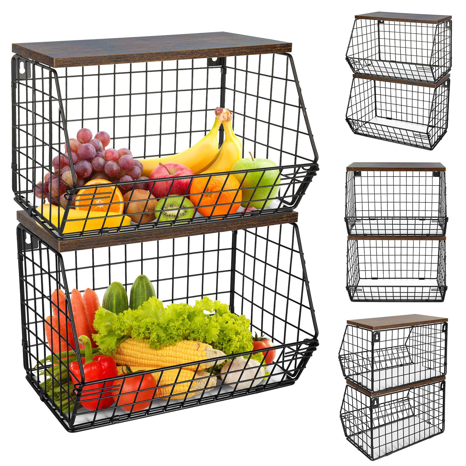JEOBEST Obstschale Küchen organizer Mit Holzdeckel, Metall Hängender Obstkorb, 2 Etagen, Rostfreies, Kohlenstoffstahl, Abnehmbare Körbe – Bild 2 von 5