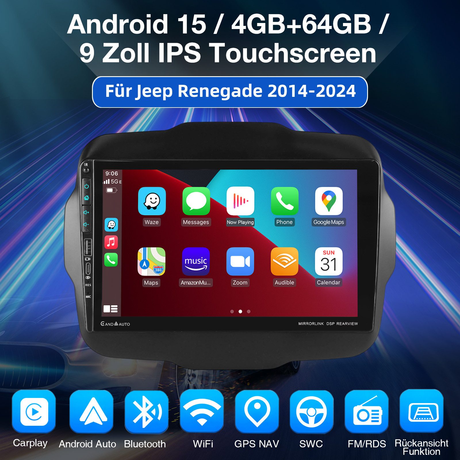 ESSGOO Für Jeep Renegade 2014-24 Android 15 Carplay Autoradio NAVI SWC 4+64GB Autoradio (DAB (optional), DAB+ (optional), 4+64GB(optional), RDS, AM, FM, USB Type-C, Carplay Android Auto Bluetooth EQ USB GPS Navi WIFI Touchscreen)