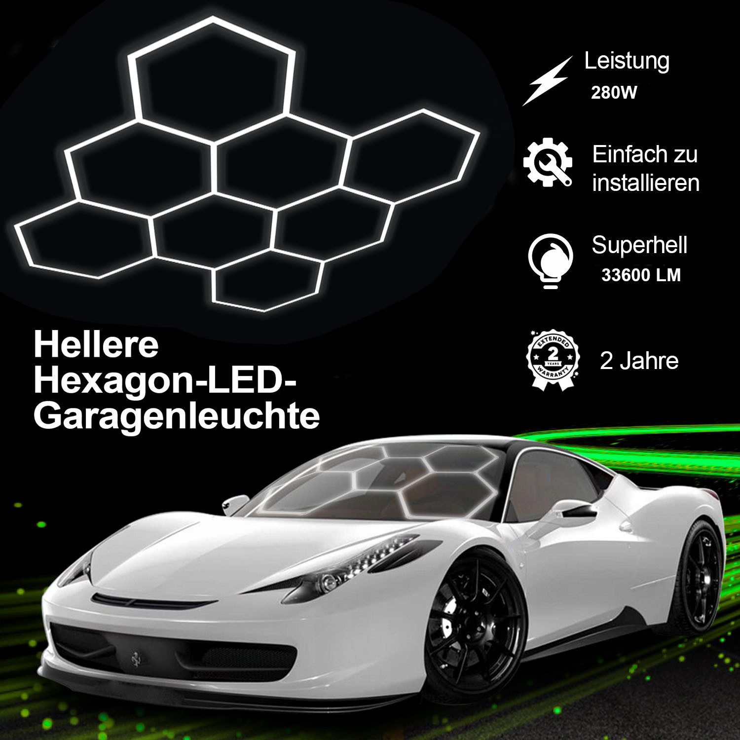 oyajia LED Dekolicht 8/10-Pack Hexagon LED Deckenleuchte Werkstatt Garage Waben Beleuchtung, 280W, LED fest integriert, ‎Kaltweiß, Sechseckige LED-Leuchte für Garage, Studio, Lager, Auto-Detailing-Shop