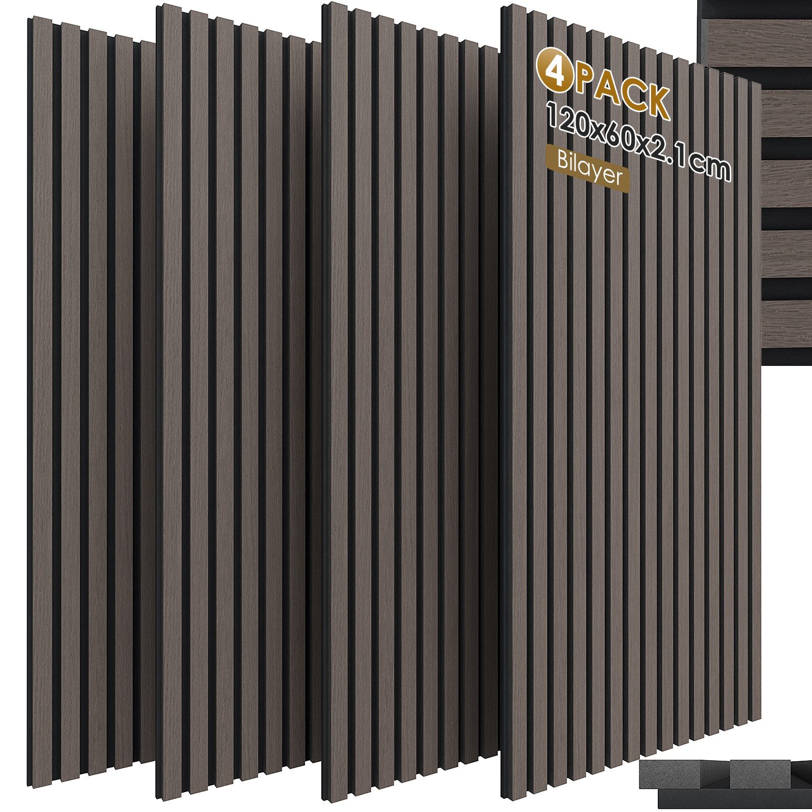 TLGREEN Wandpaneel 3D Akustikpaneele Holz MDF Schalldämpfung, BxL: 60x120 cm, 2,88 qm, (4 Stück Wandpaneele Holzoptik, Wandverkleidung Wandpaneele für effektiven Schallschutz) für Wohnzimmer, Büro, Garderobe, Eiche, Graubraun