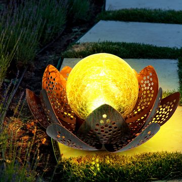 etc-shop Gartenleuchte, LED-Leuchtmittel fest verbaut, Kaltweiß, LED Solar Lotus Blume Deko Lampe Kugel Crackle-Glas Außen