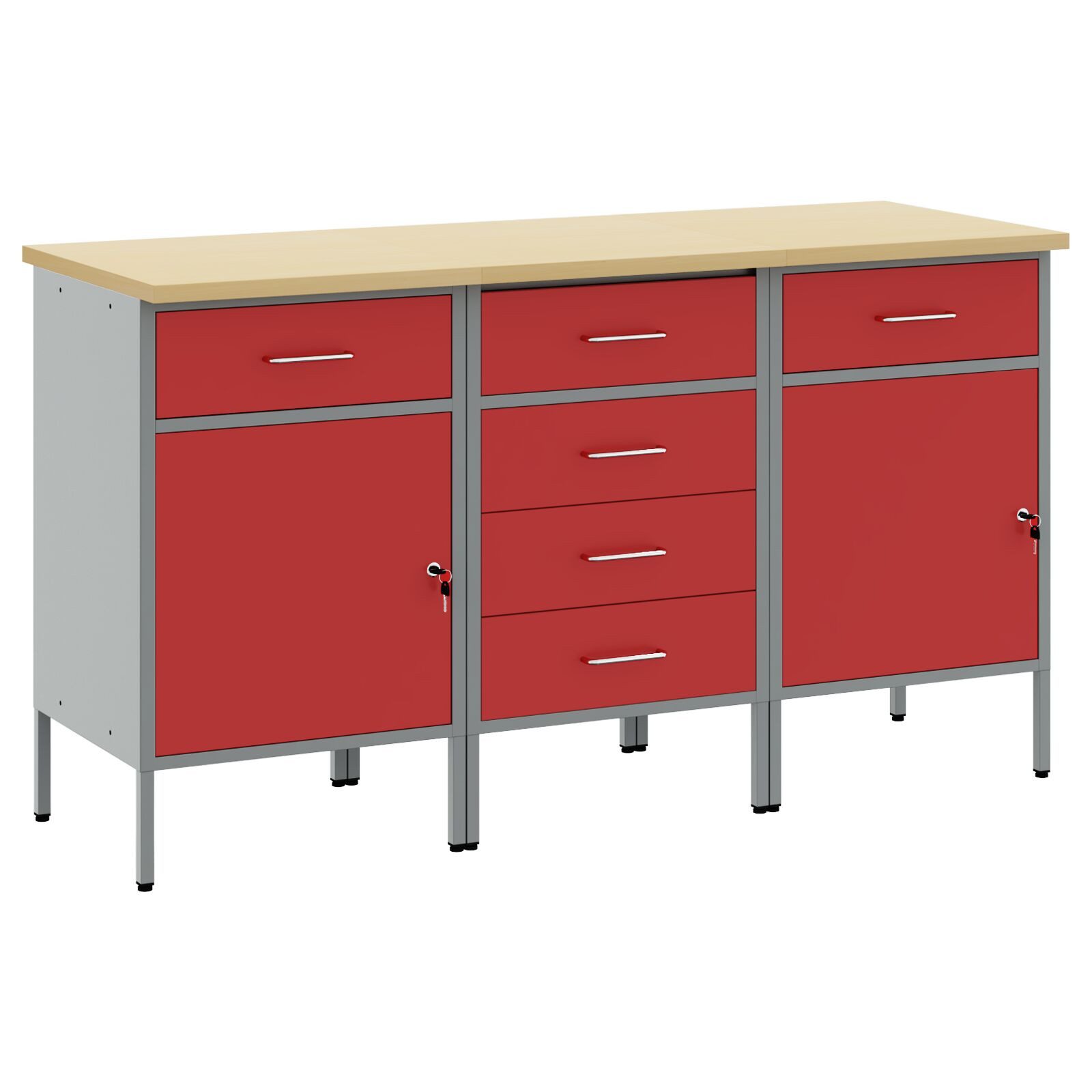 Werkbank Werkstatt-Schrank Set Set aus 3 Rot und Grau Stahl