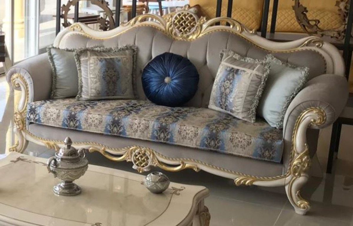 und Grau Sofa mit / Wohnzimmer 82 Casa 222 elegantem Luxus cm - x Weiß / x Barock Sofa Massivholz dekorativen / Padrino Muster H. Wohnzimmer 120 Sofa Blau - Gold Möbel Kissen Prunkvolles Barock