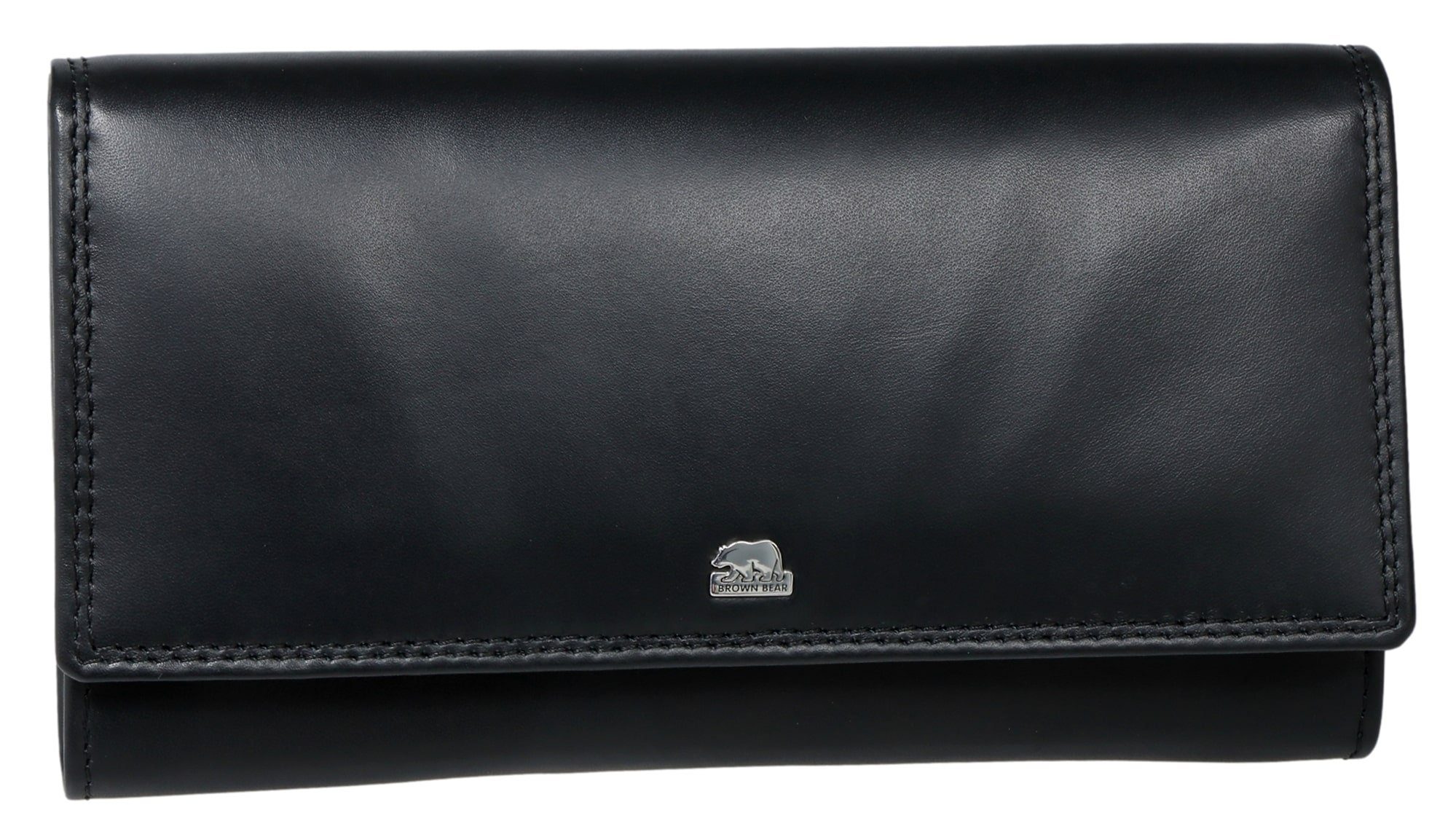 Brown Bear Geldbörse für Damen, Portemonnaie mit Überschlag und RFID -  Schutz, mit 13 Kartenfächern aus Echtleder und Metalllogo Farbe Schwarz  Nappa