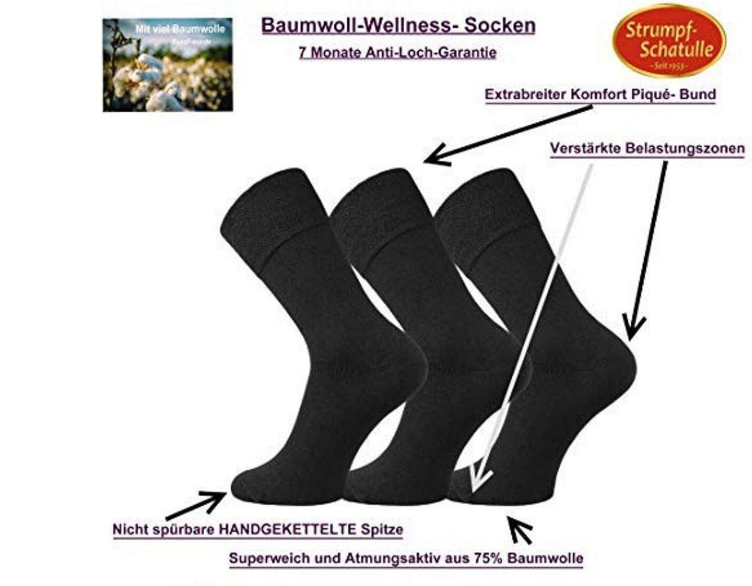 FussFreunde Basicsocken 6 Paar mit Komfort Schwarz breitem Baumwoll-Socken Piqué-Bund