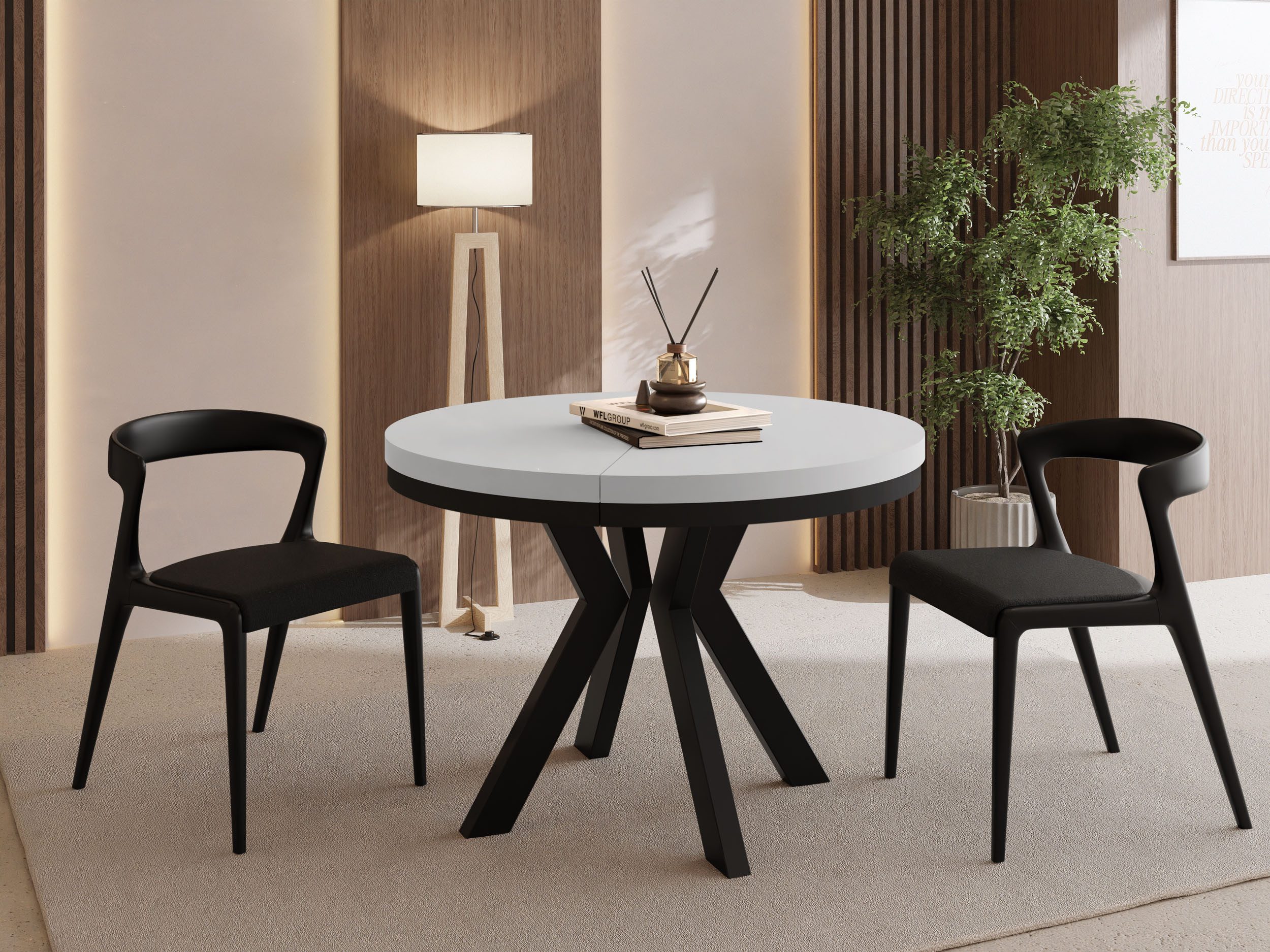 WFL GROUP Esstisch Savio Neo ausziehbar verlängerbar rund modern mit Schwarzen Holzbeinen (MADE IN EU, XXL Groß – 80/90/100 cm ausziehbar auf 130/190/200/300 cm), platzsparender Tisch für kleine Küche, Esszimmer oder Wohnzimmer