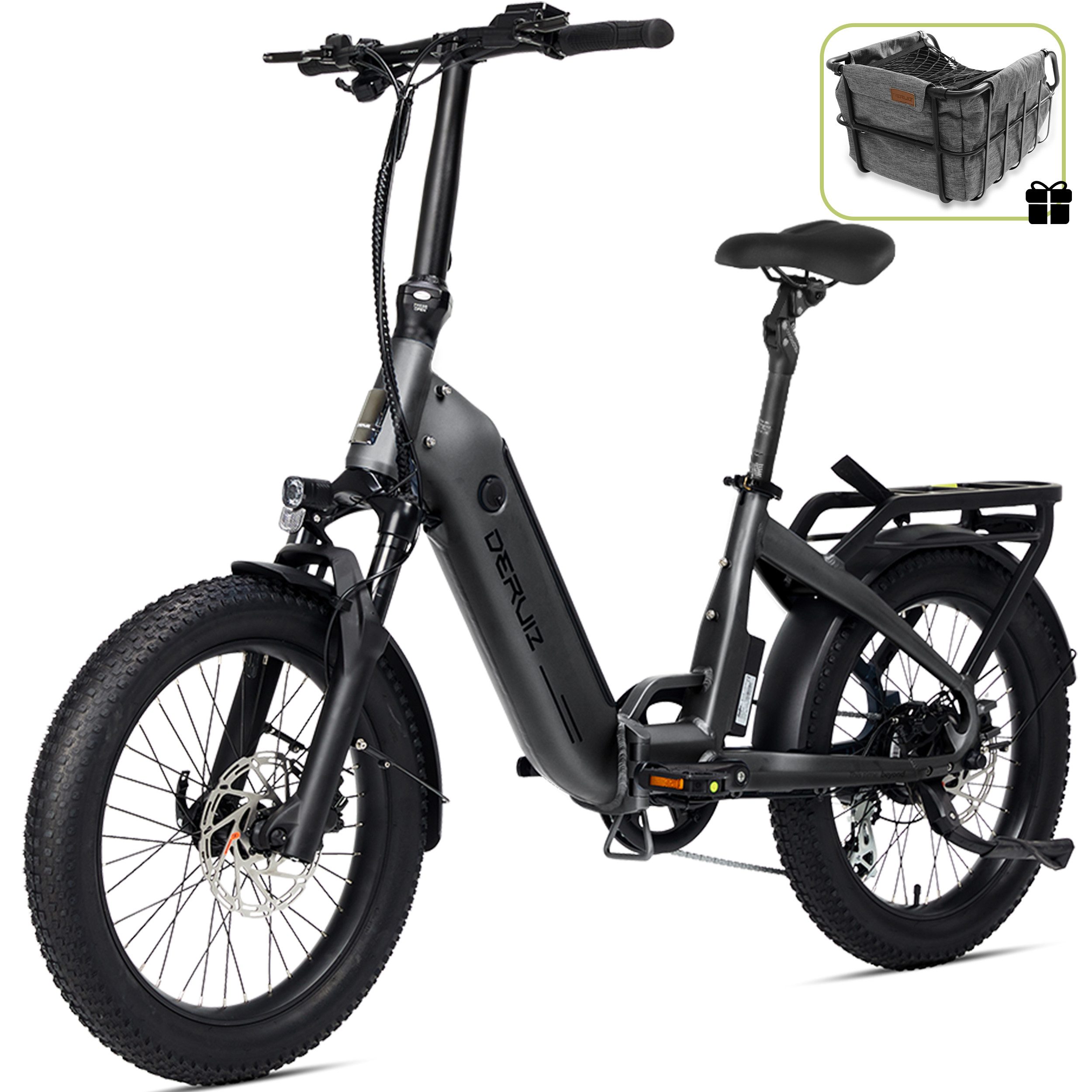 DERUIZ E-Bike Faltrad 20 Zoll, max. 140km, Federsattelstütze, mit Bluetooth, 5 Stufen, 8 Gang SHIMANO SHIMANO ALTUS 11-32T Schaltwerk, Kettenschaltung, Heckmotor, 500 Wh, (mit Akku-Ladegerät, mit Werkzeug), RH:36cm, Bremslicht, Gepäckträger (max.50kg), hydraulische Bremsen
