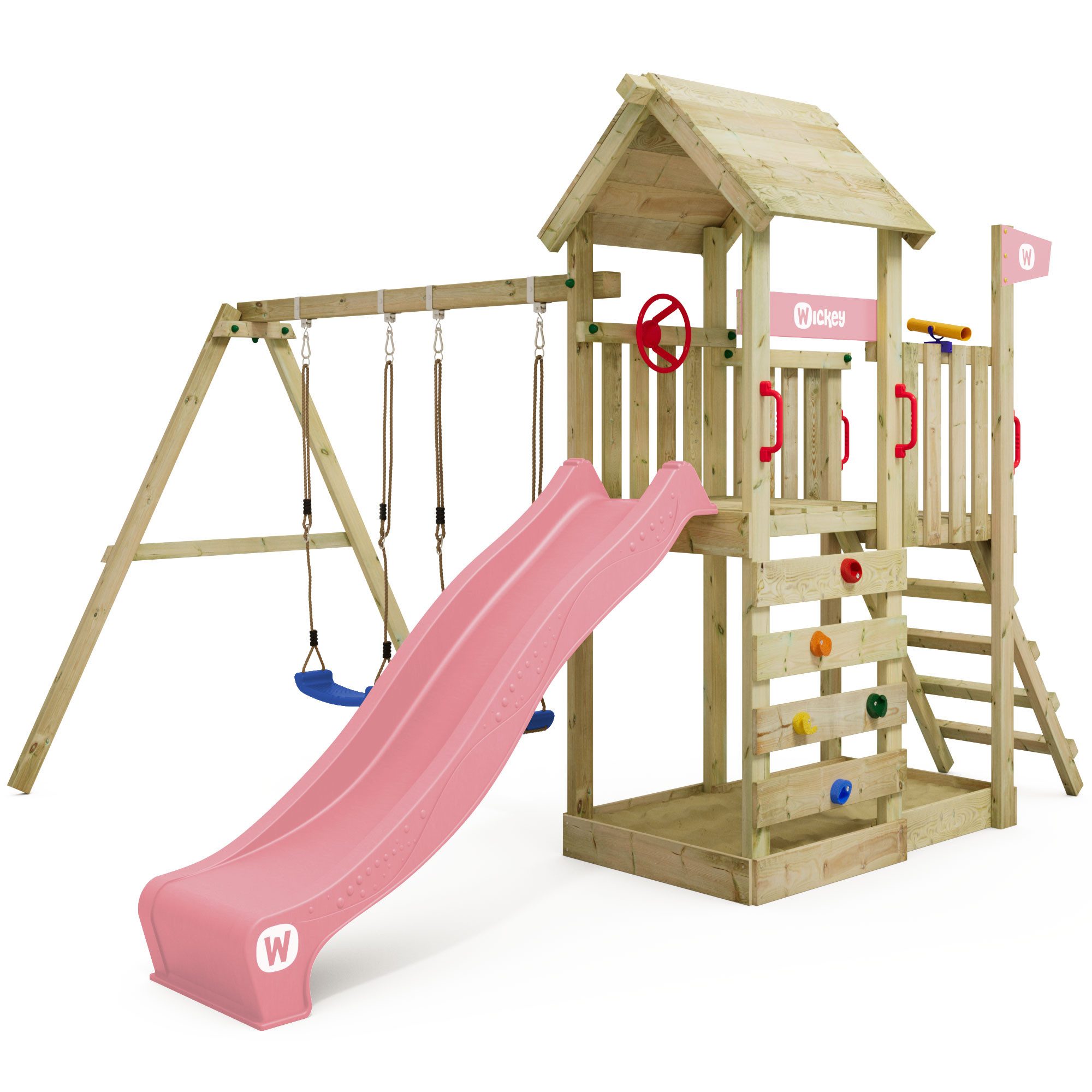 Wickey Spielturm MultiFlyer Holzdach - Klettergerüst mit Doppelschaukel und Sandkasten, extrem witterungsbeständig mit 10 Jahren Garantie*