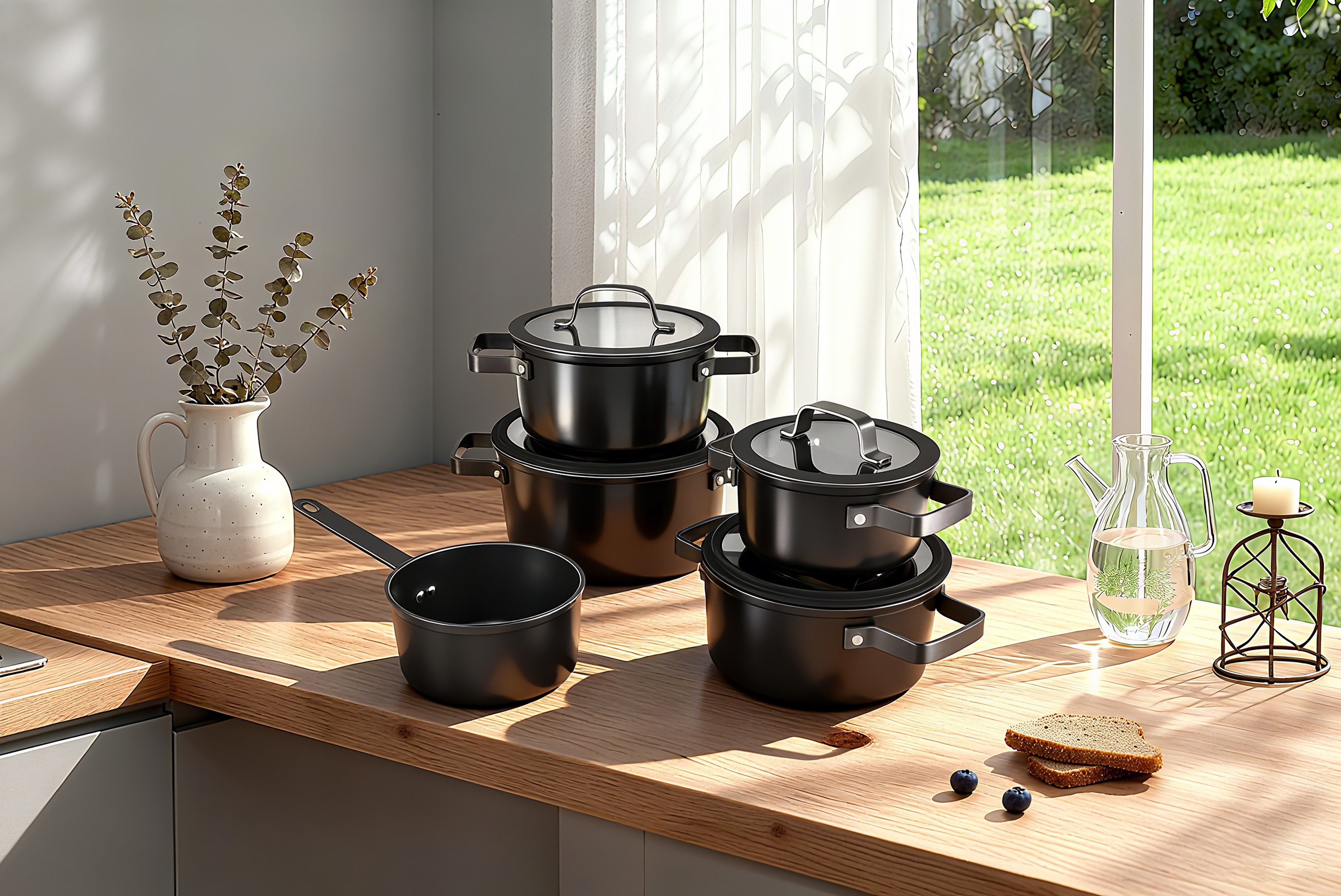 Hanseatic Topf-Set ALU PRO, Aluminium (Set, 9-tlg., Fleischtopf 1x 16 cm / 2x 20 cm / 1x 24 cm, Stielkasserolle 16 cm), mit Griffe aus Edelstahl, Glasdeckel, Induktion