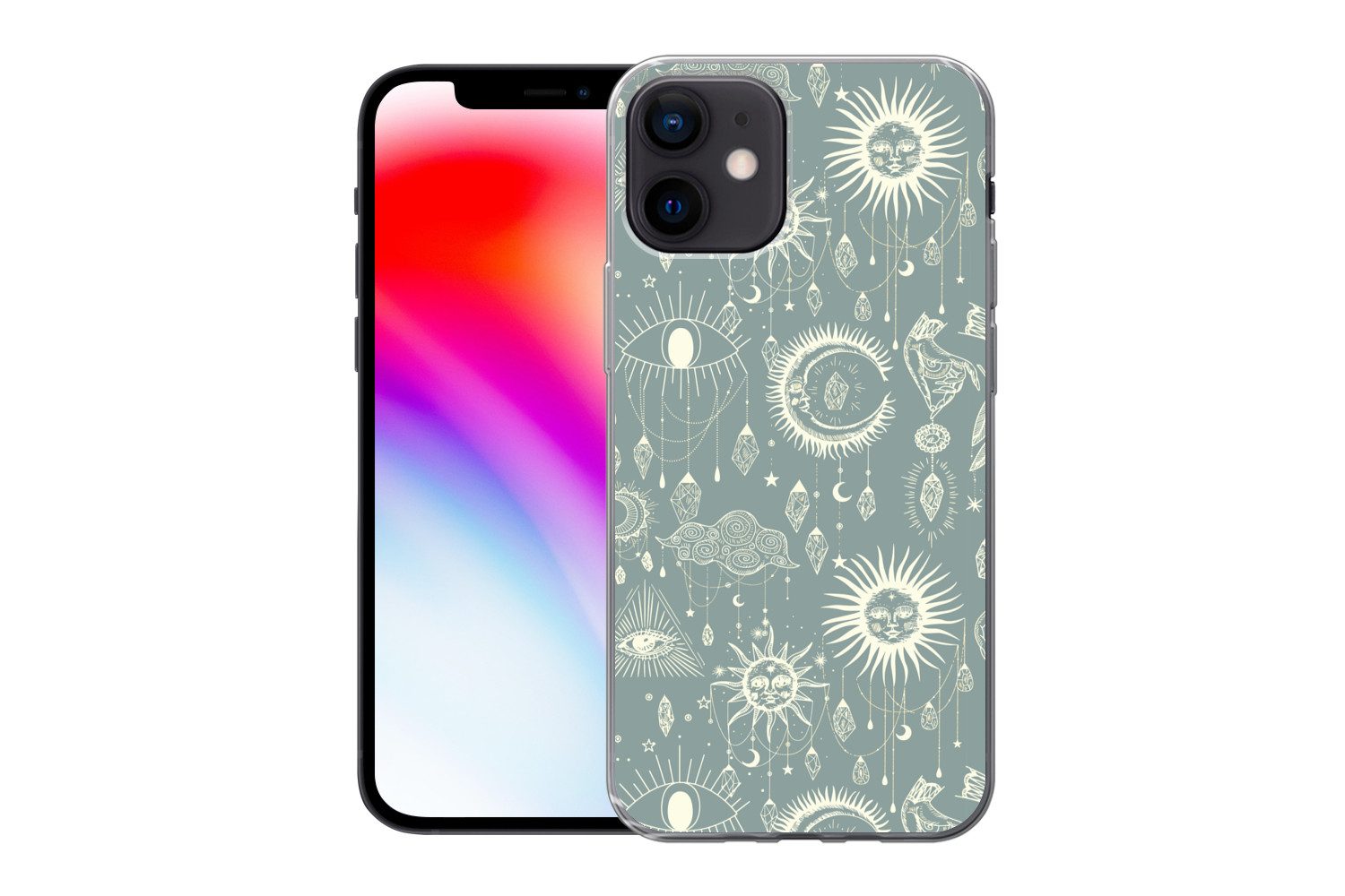 MuchoWow Handyhülle für Apple iPhone 12 Boho - Druck - Blau - Sonne - Augen - Zen, Smartphone-Bumper, Print, Handy Schutzhülle Dünn