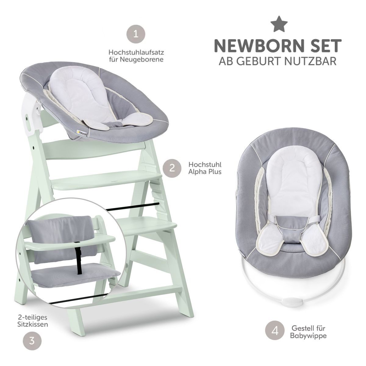 Hauck Hochstuhl Alpha Plus Mint Newborn Set - Stretch Grey (Set), Holz Baby günstig online kaufen
