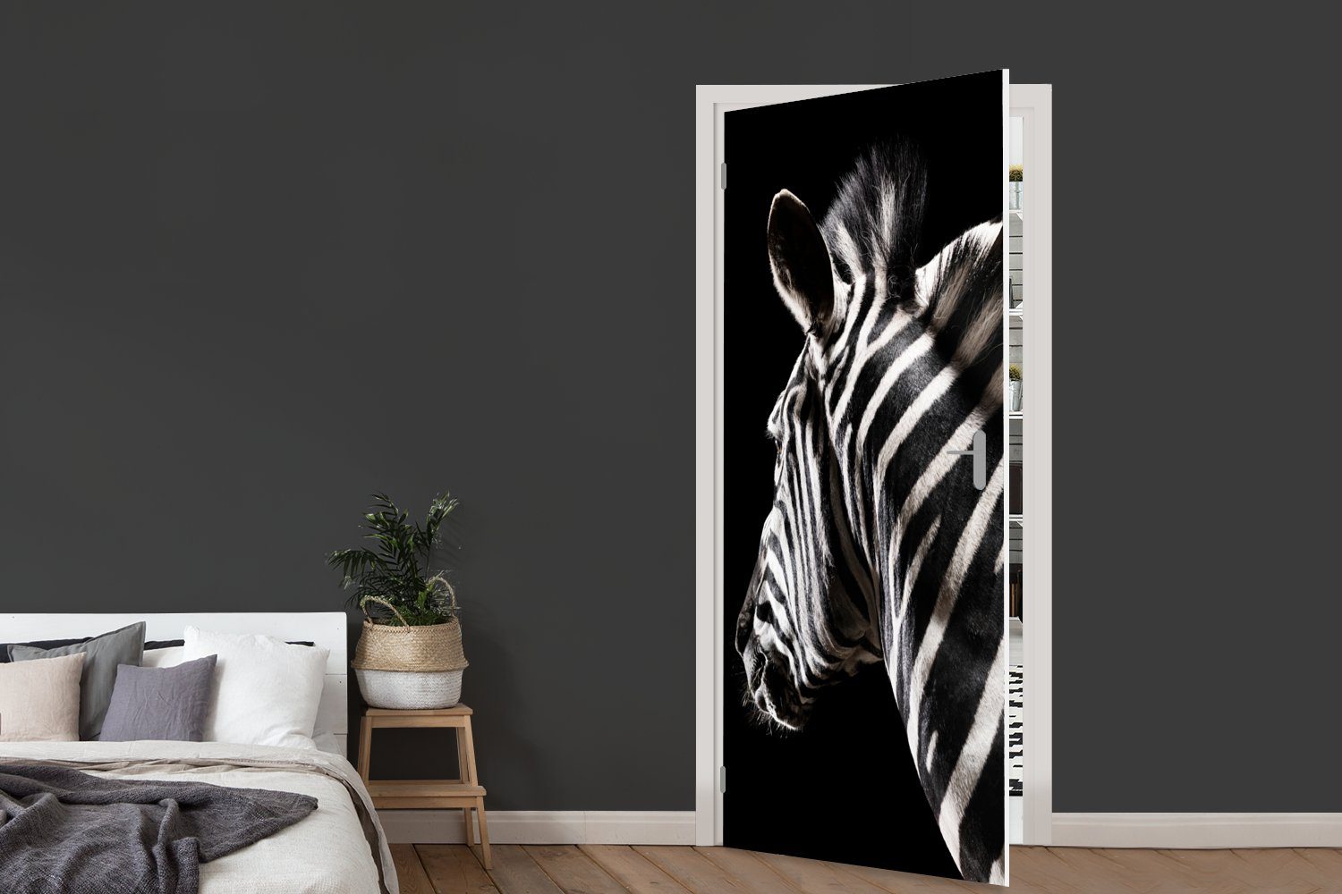 Tür, - (1 Tier Matt, - Türtapete 75x205 MuchoWow Schwarz cm Zebra Türaufkleber, - Fototapete Porträt, bedruckt, für St),