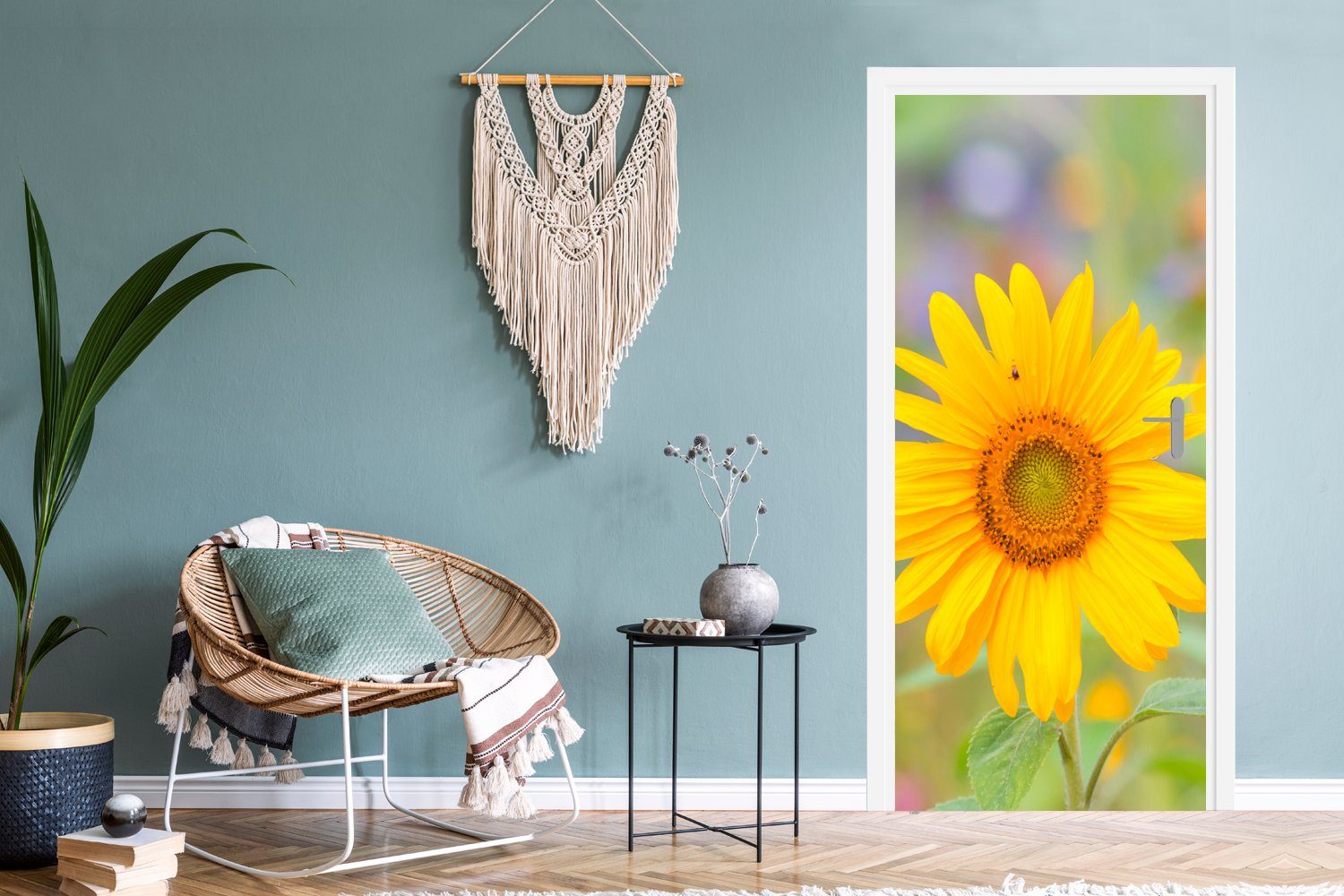 (1 für Gelb, 75x205 St), - Tür, Türtapete Matt, Türaufkleber, Fototapete bedruckt, cm Sonnenblume - Blumen MuchoWow